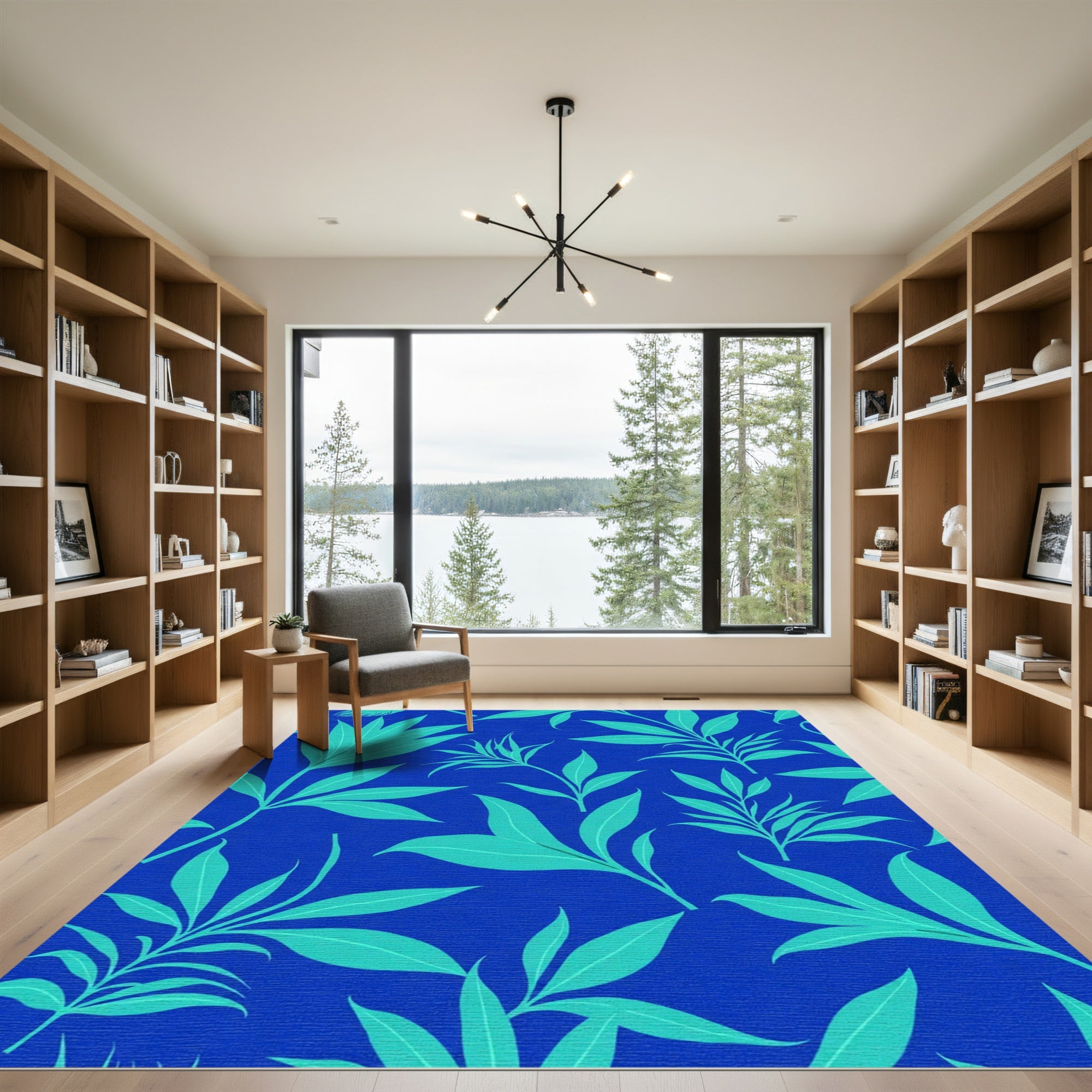 Aqua Leaf Pattern On Blue Surface Rug