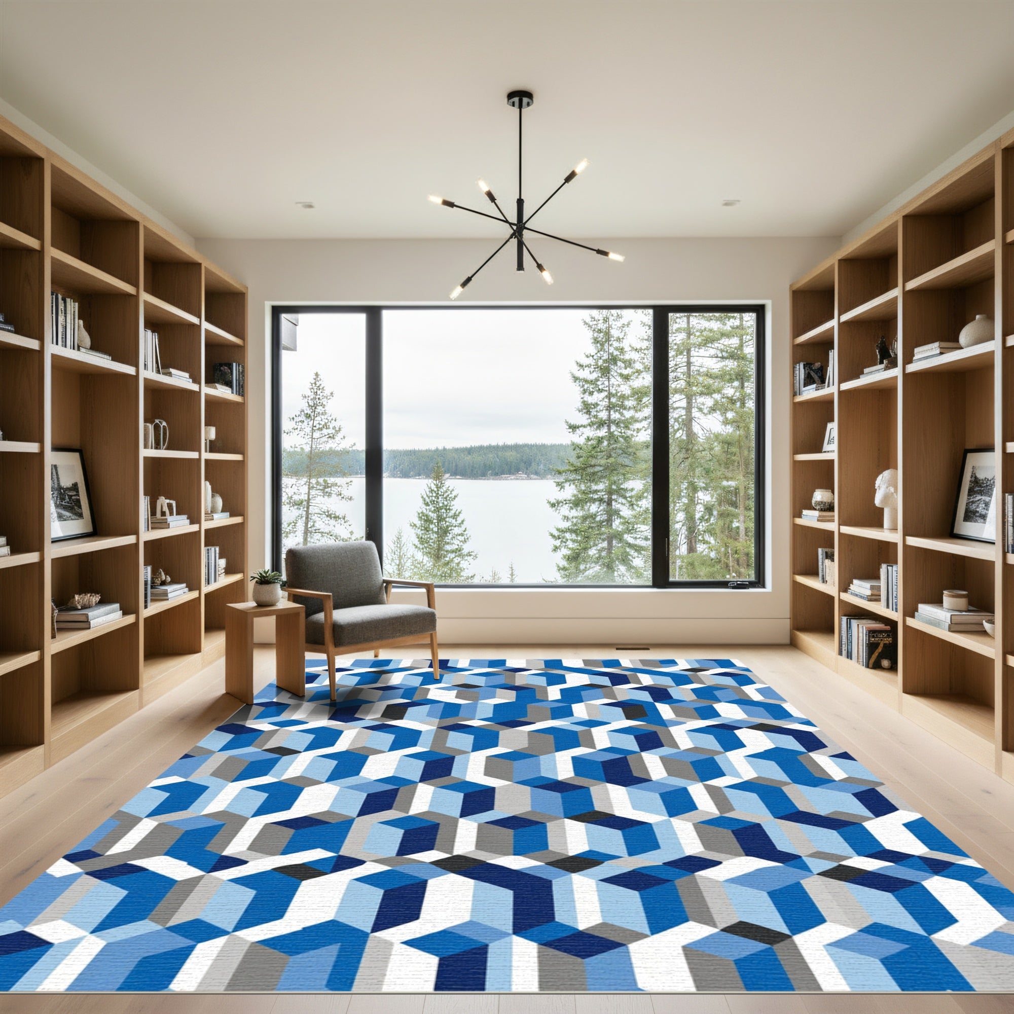 Blue Gray Geometric Cubic Illusion Rug