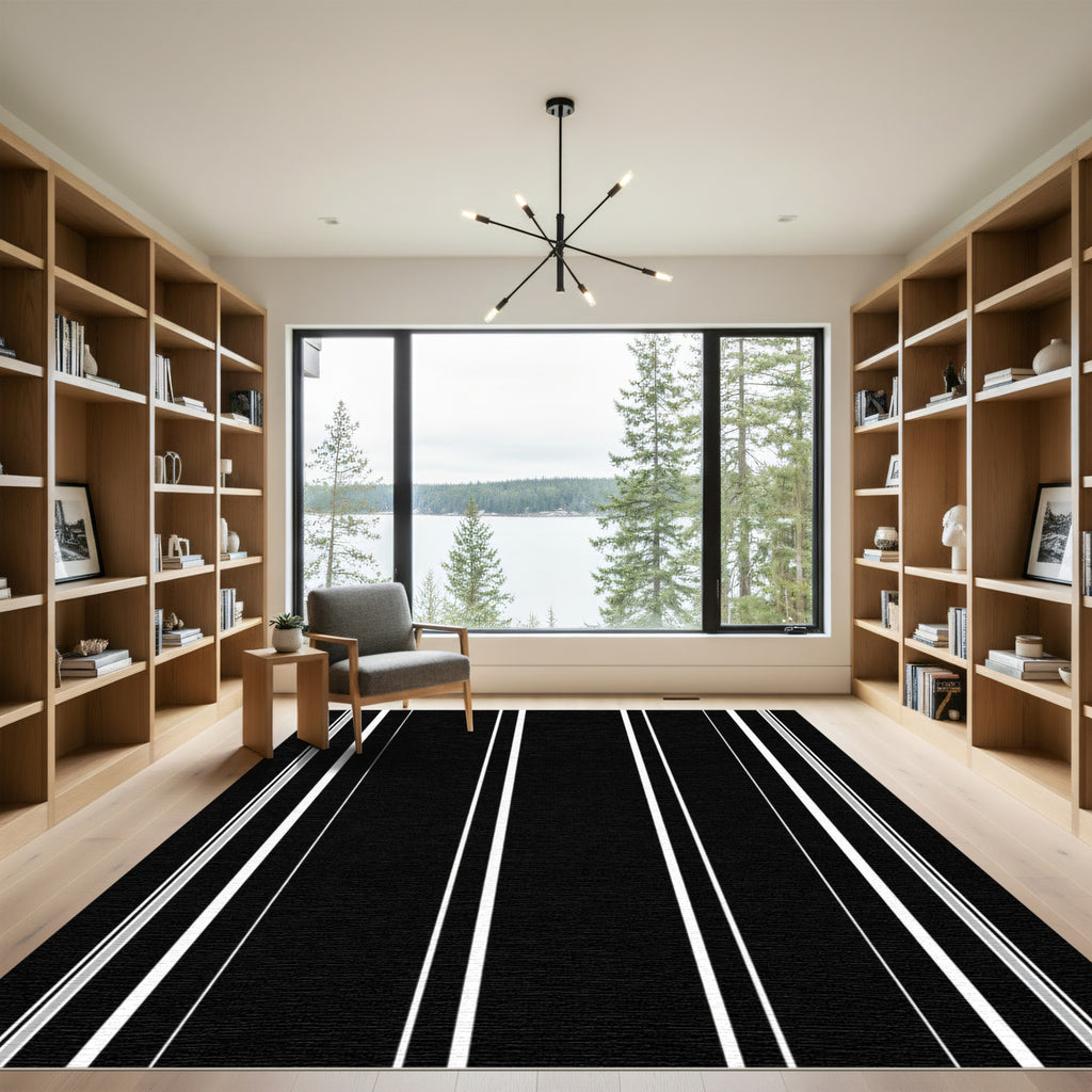 Clean Black White Vertical Lines Rug