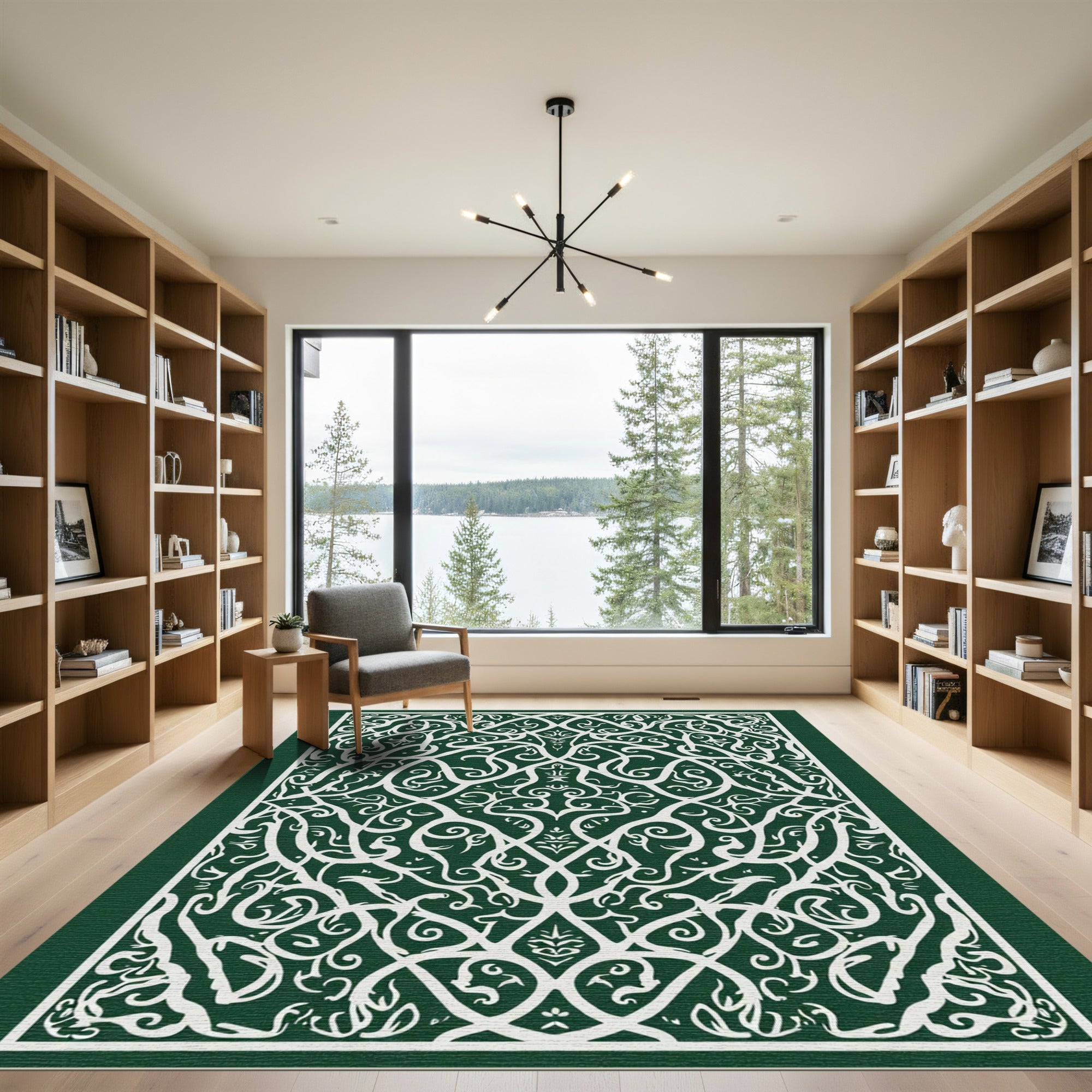 Intricate White Vine Mandala Emerald Rug
