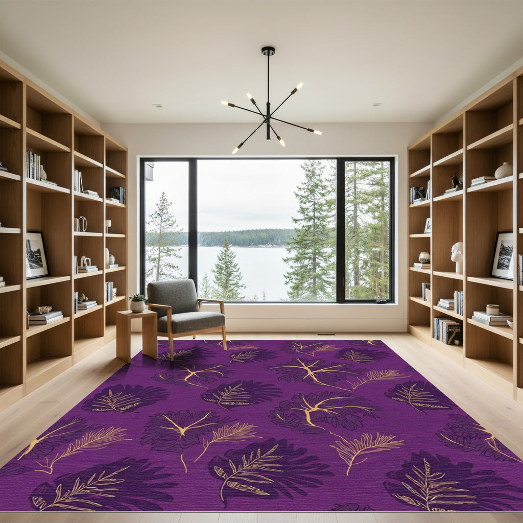 Purple and Gold Botanical Leaf Rug