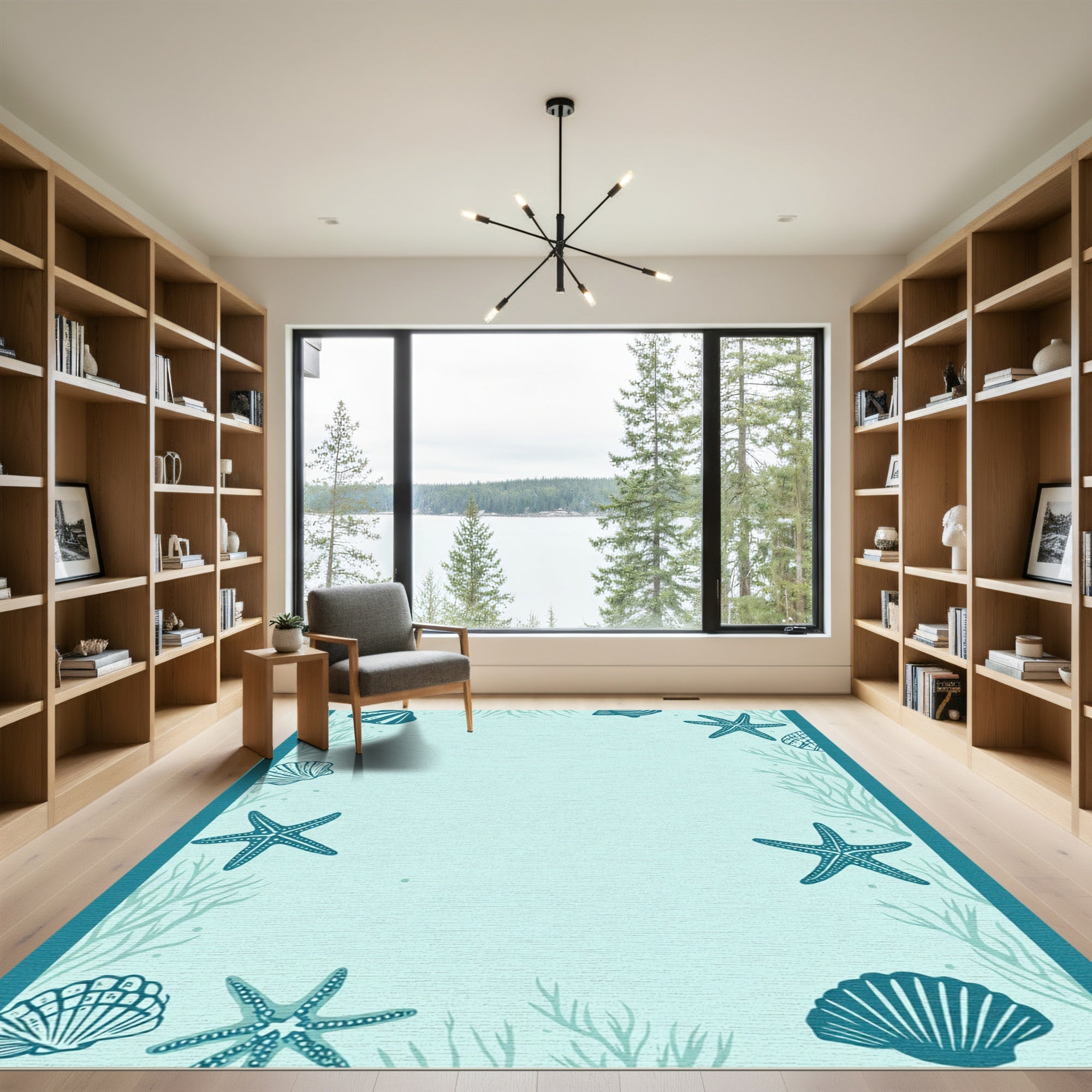 Teal Starfish Shell Coral Border Rug