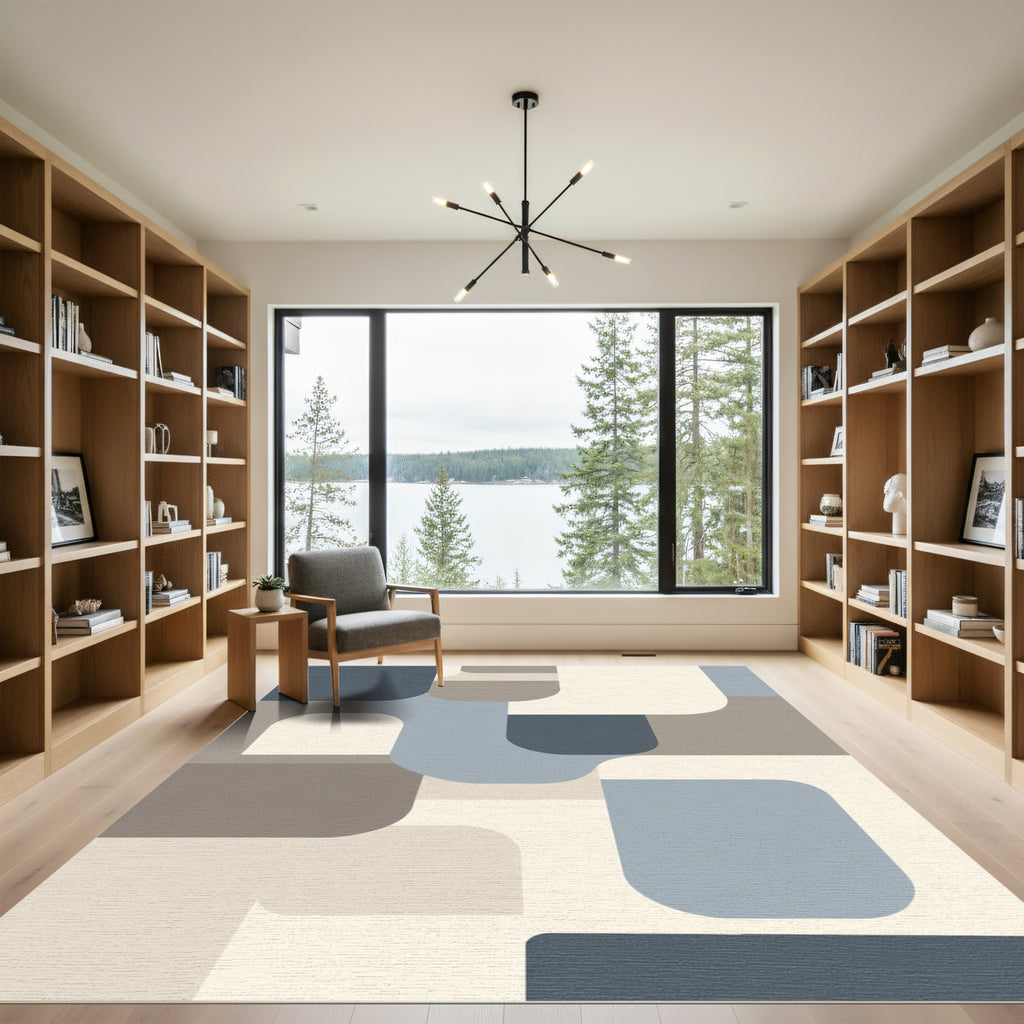 Abstract Blue Taupe Geometric Overlay Rug