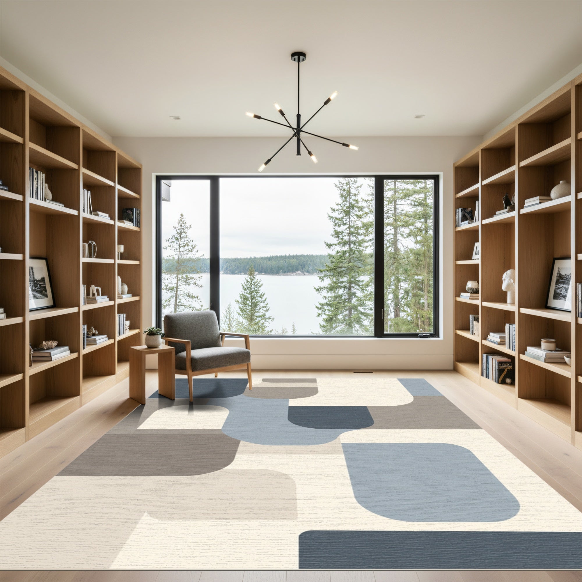 Abstract Blue Taupe Geometric Overlay Rug
