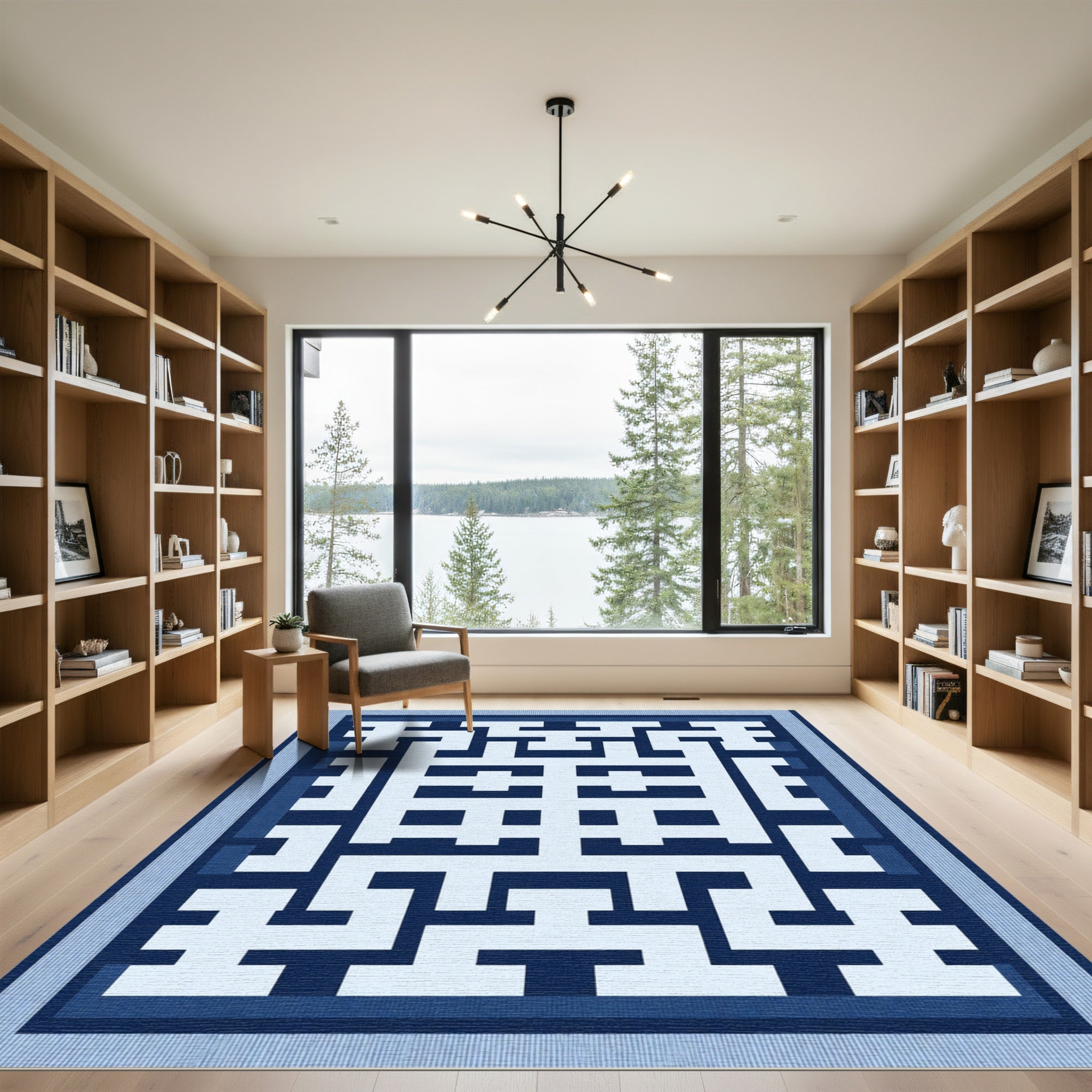 Geometric Labyrinth Blue and White Rug