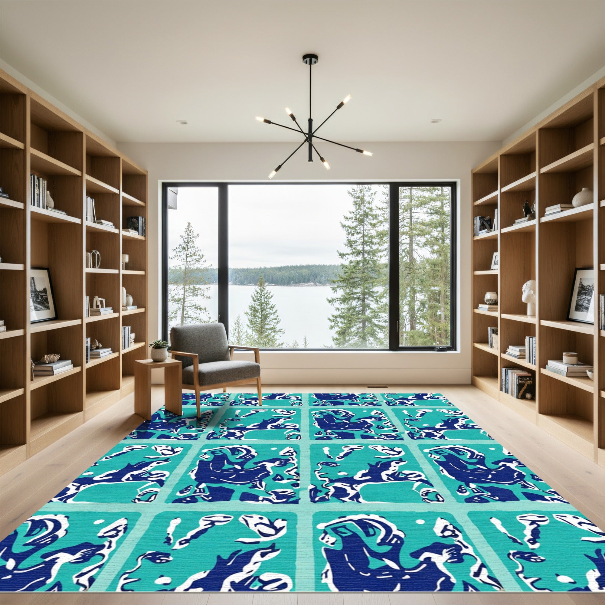 Bold Blue White Teal Animal Tile Rug