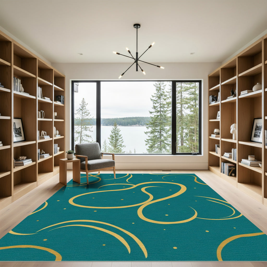 Teal and Gold Swirling Lines Rug