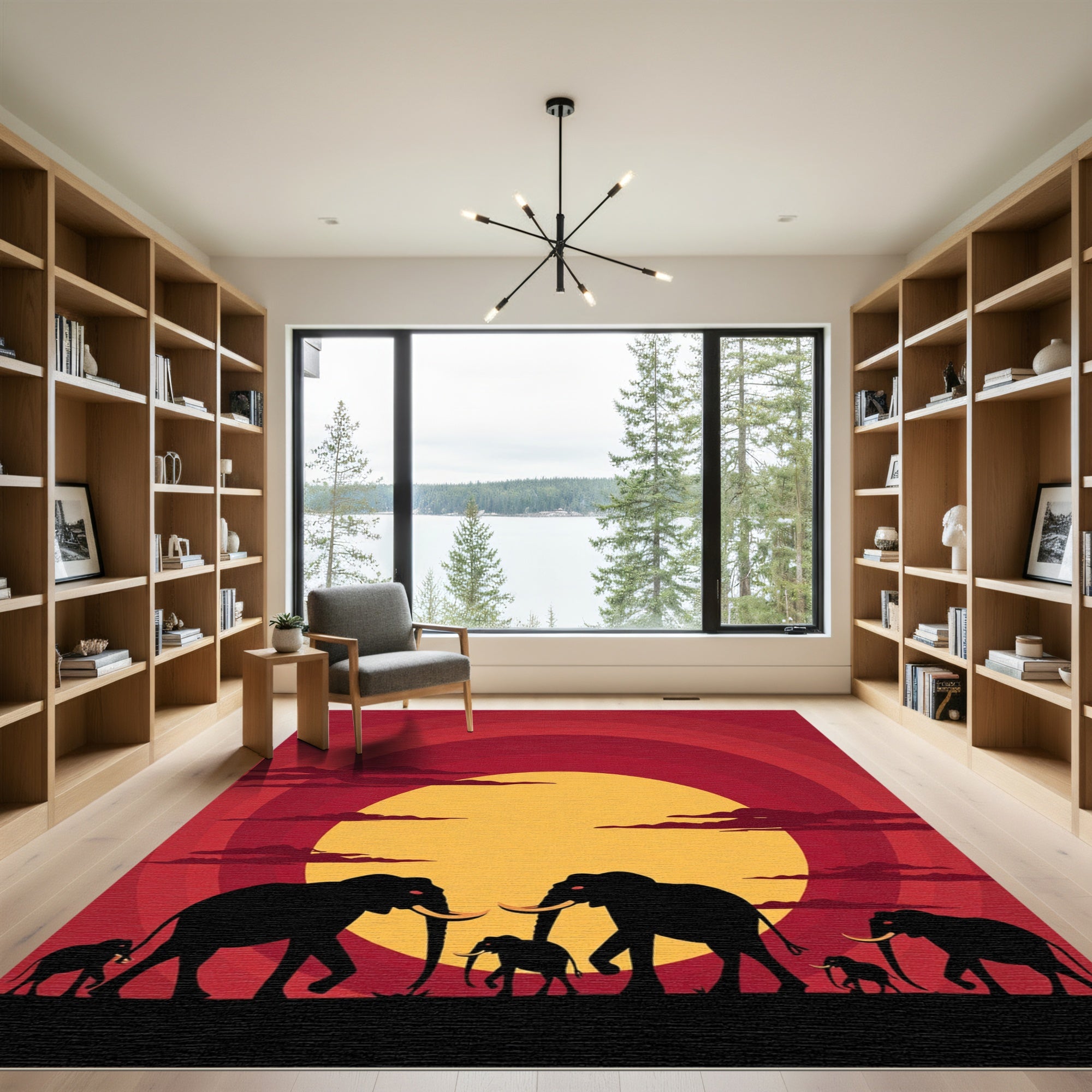 Crimson Sunset Elephant Herd Silhouette Rug