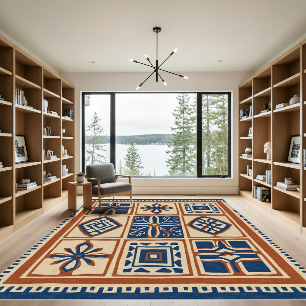 Indigo Terracotta Grid Mosaic Art Rug