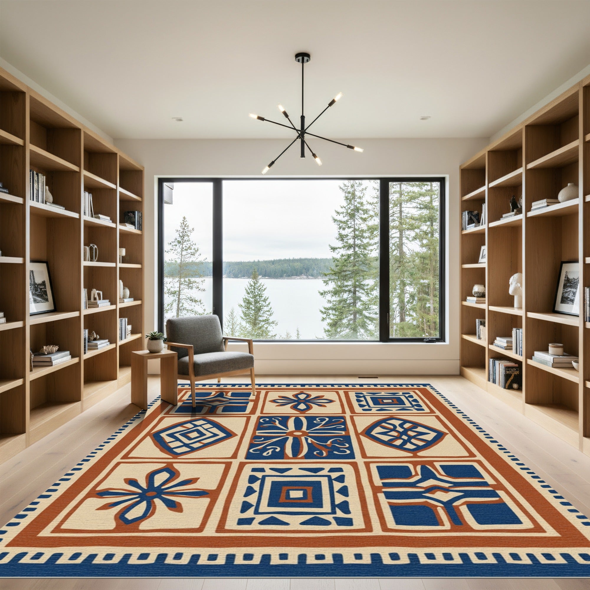 Indigo Terracotta Grid Mosaic Art Rug