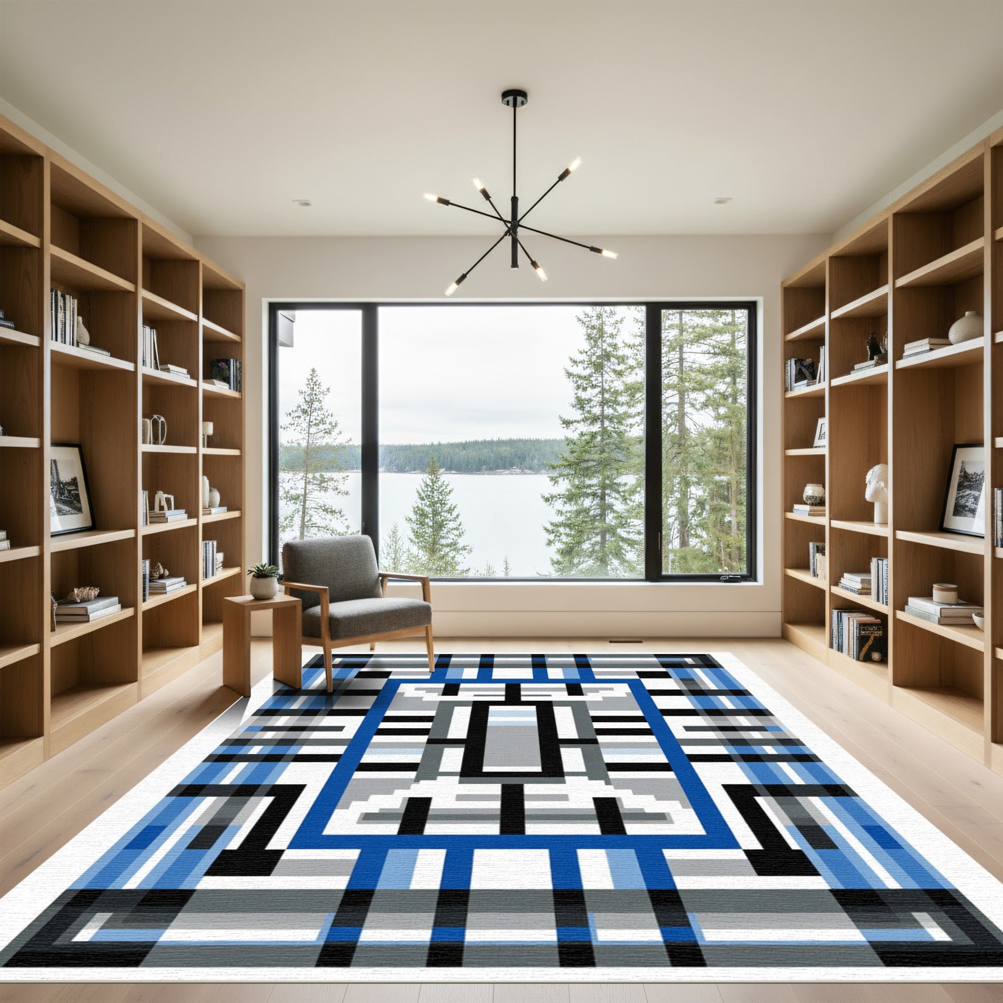 Blue Gray Geometric Window Rug