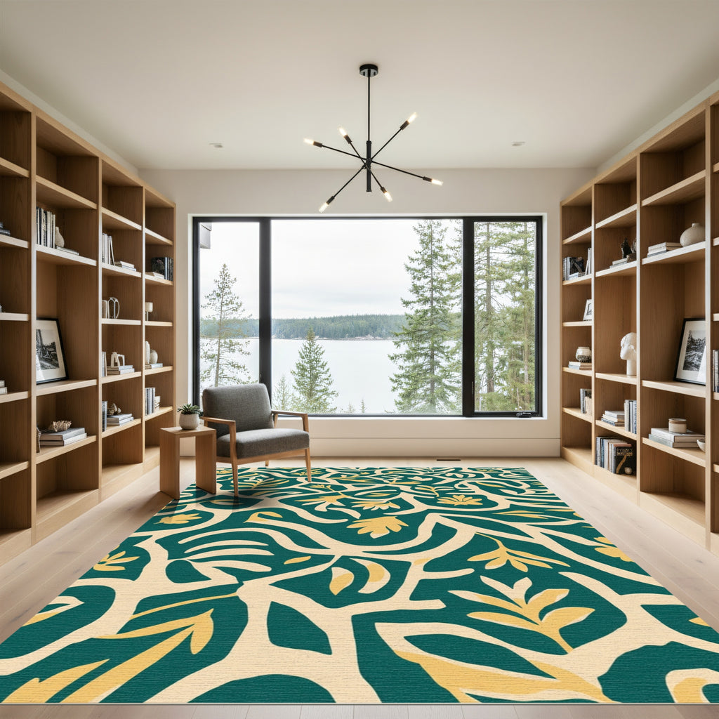 Deep Teal Yellow Botanical Vine Rug