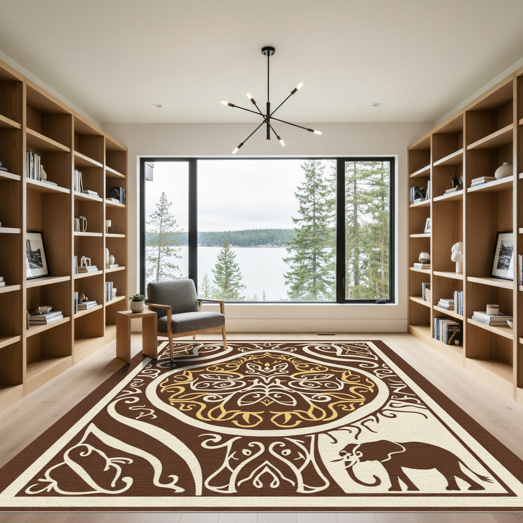 Brown Ivory Golden Elephant Medallion Rug