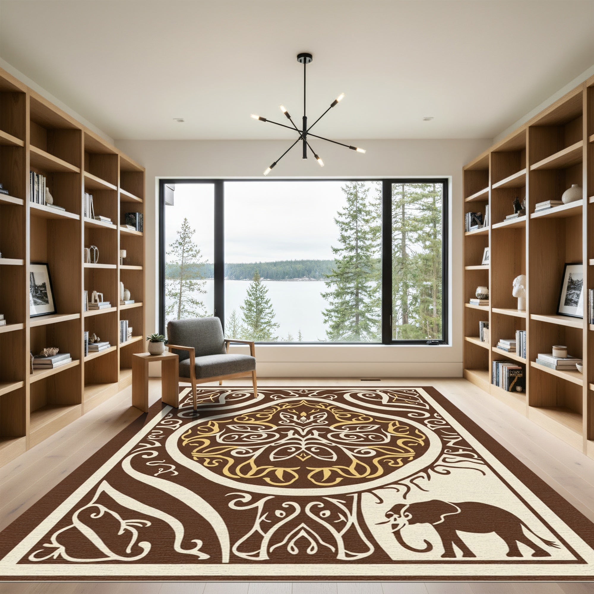 Brown Ivory Golden Elephant Medallion Rug