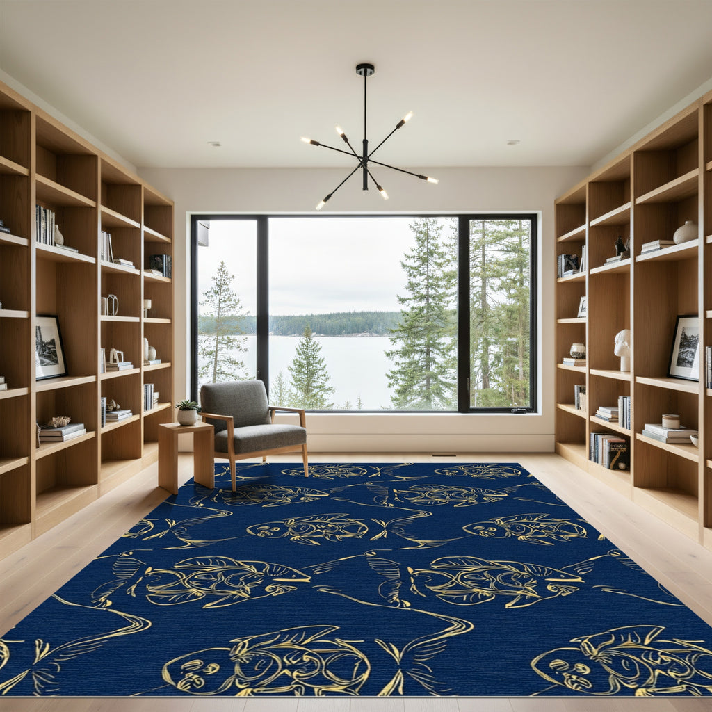 Golden Fish On Deep Blue Ocean Rug