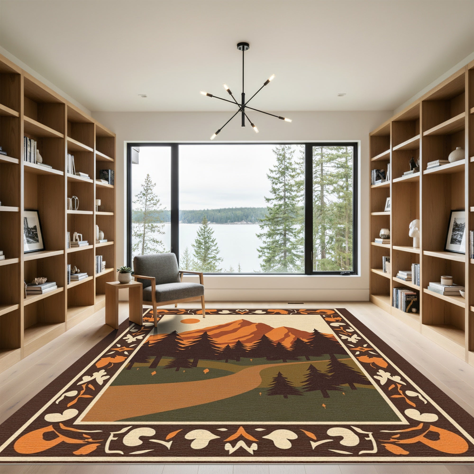 Orange Mountain Forest Landscape Border Rug