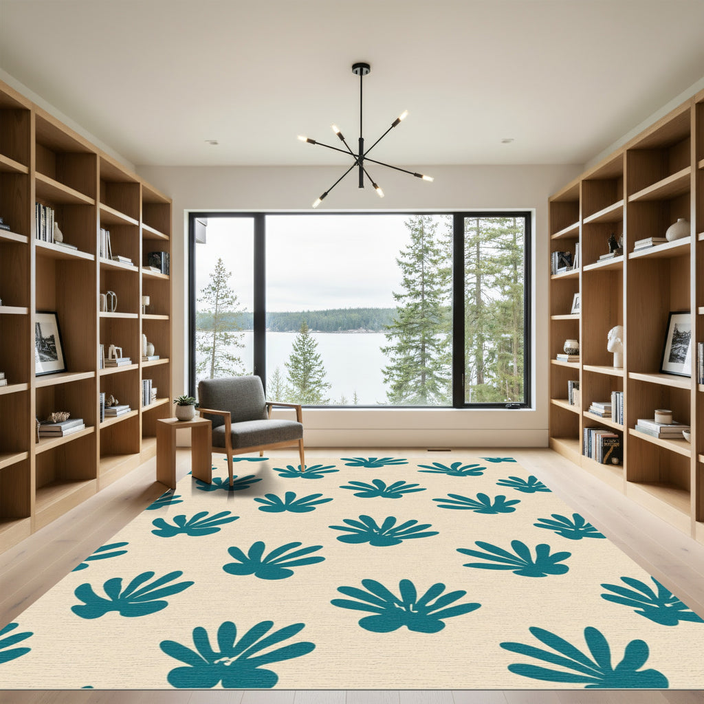 Teal Abstract Botanicals On Cream Background Rug