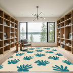 Teal Abstract Botanicals On Cream Background Rug