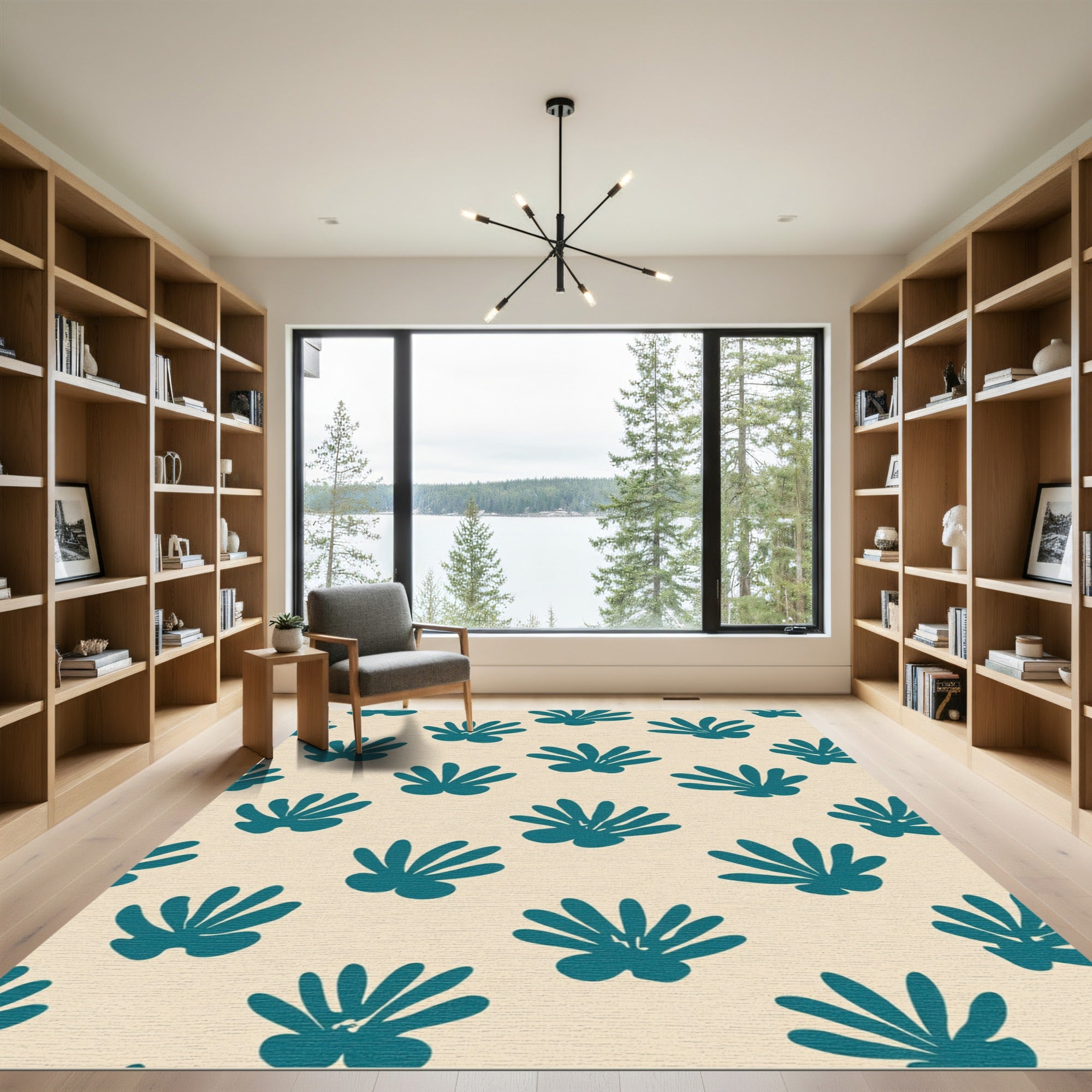 Teal Abstract Botanicals On Cream Background Rug