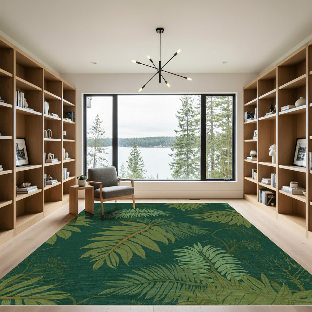 Deep Green Tropical Palm Leaf Rug