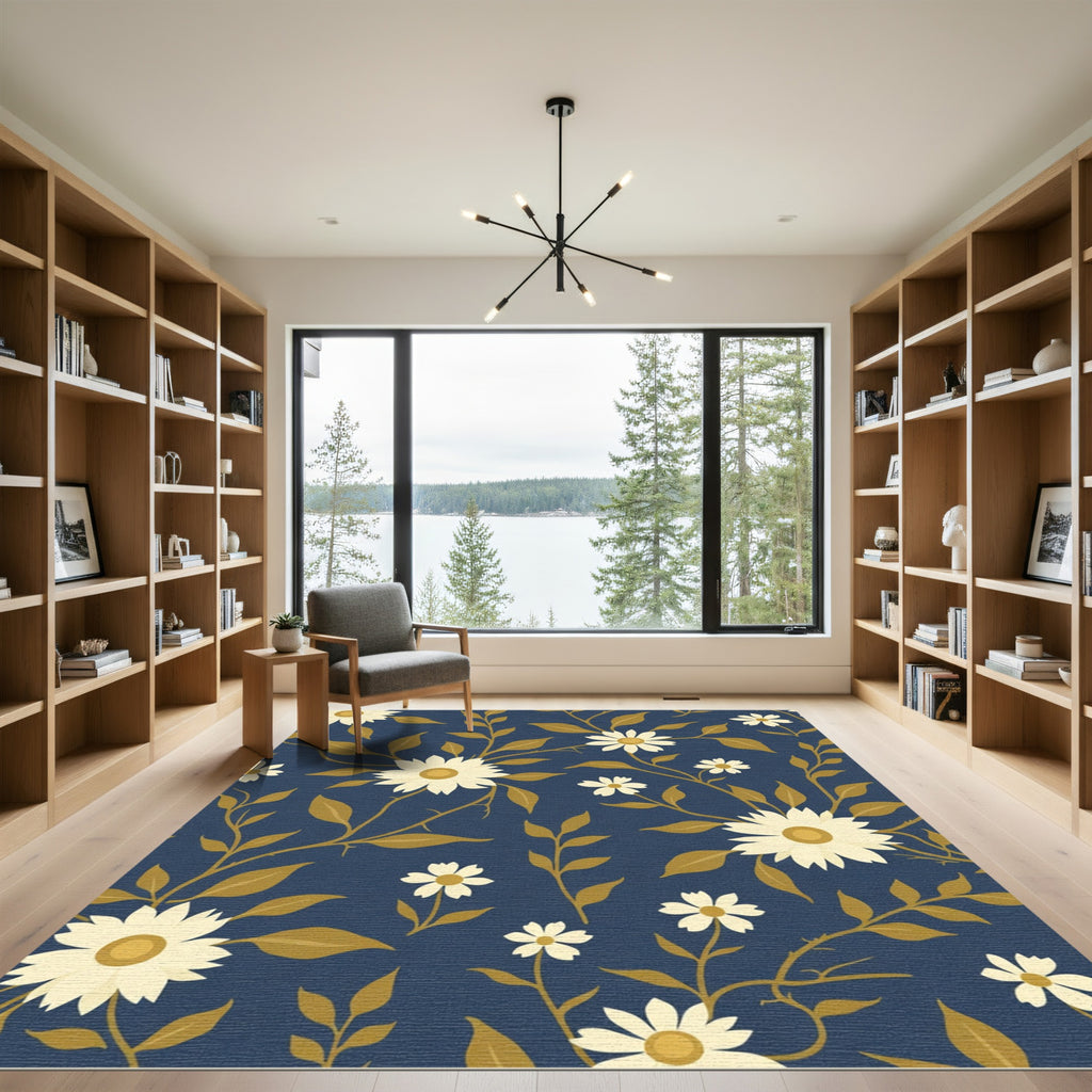 Navy White Floral Meadow Vines Rug