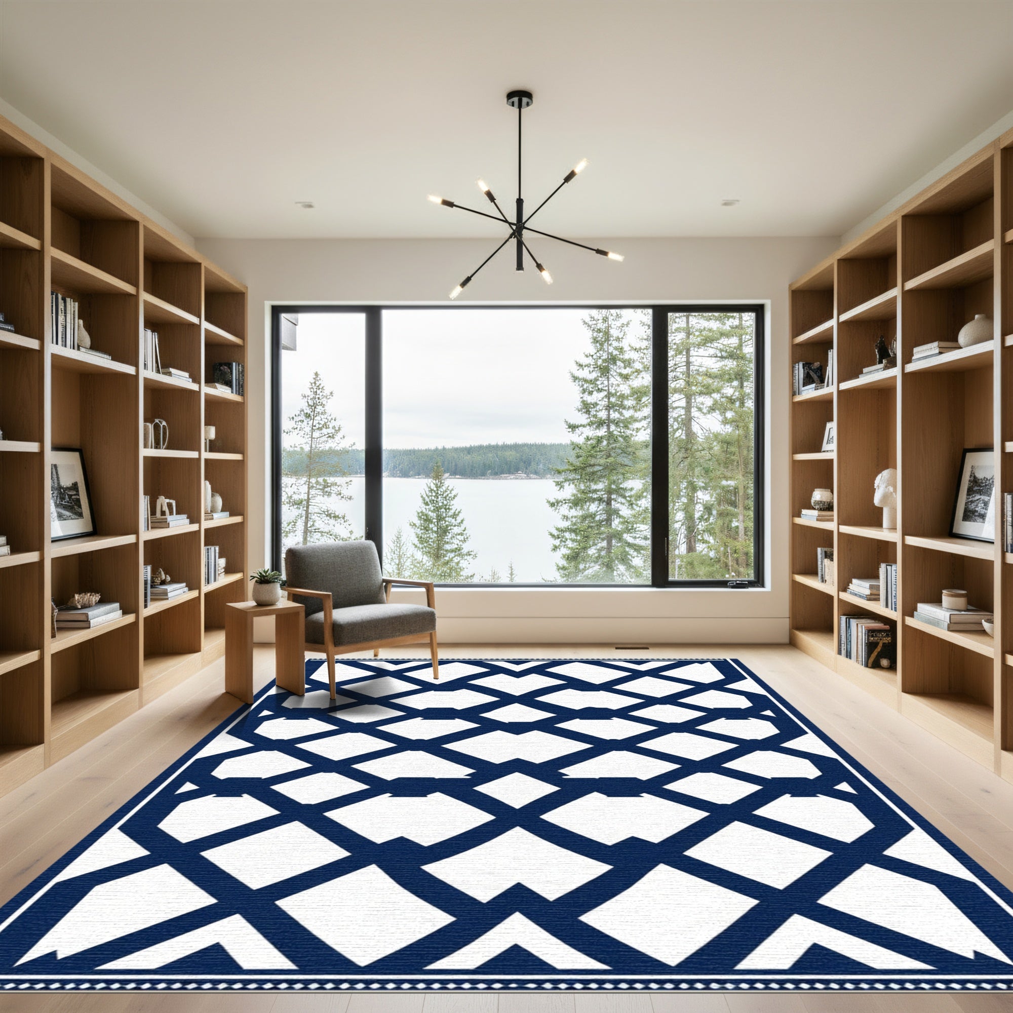 Navy Blue Geometric Lattice Rug