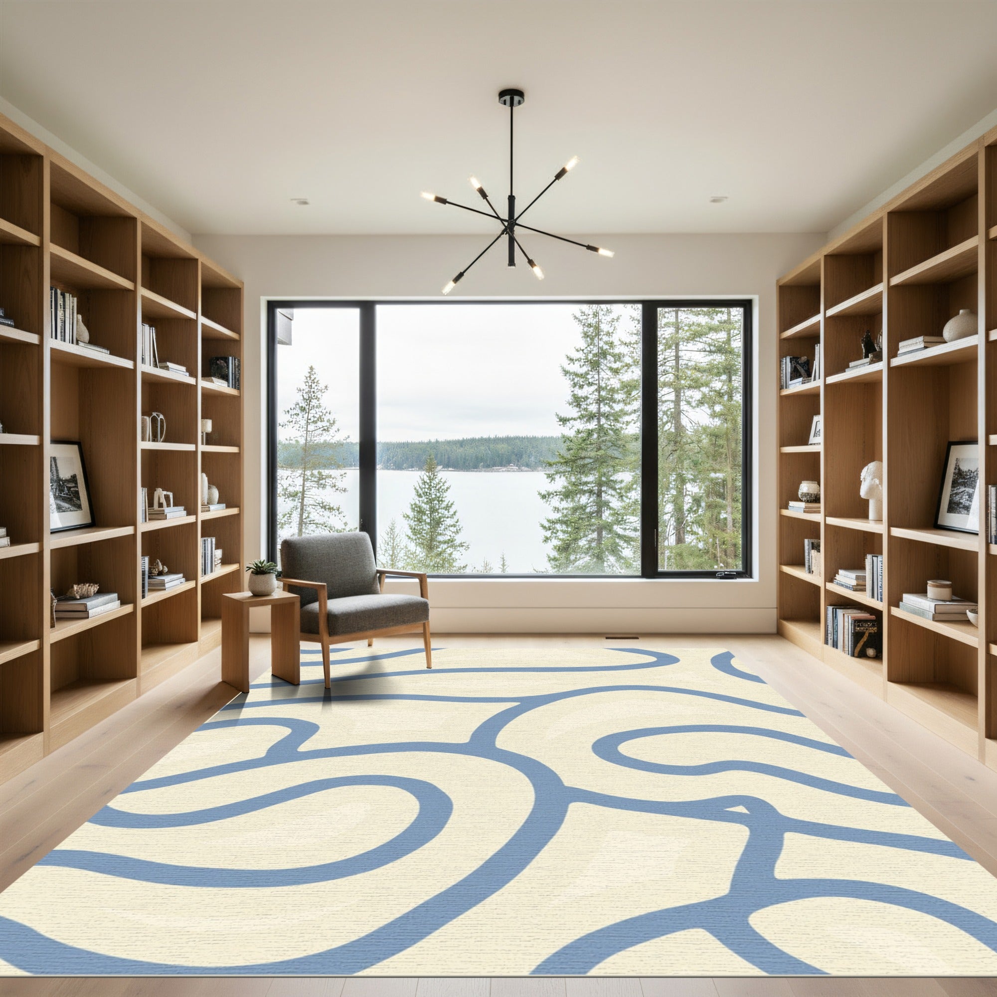 Cream Blue Organic Flowing Lines Rug