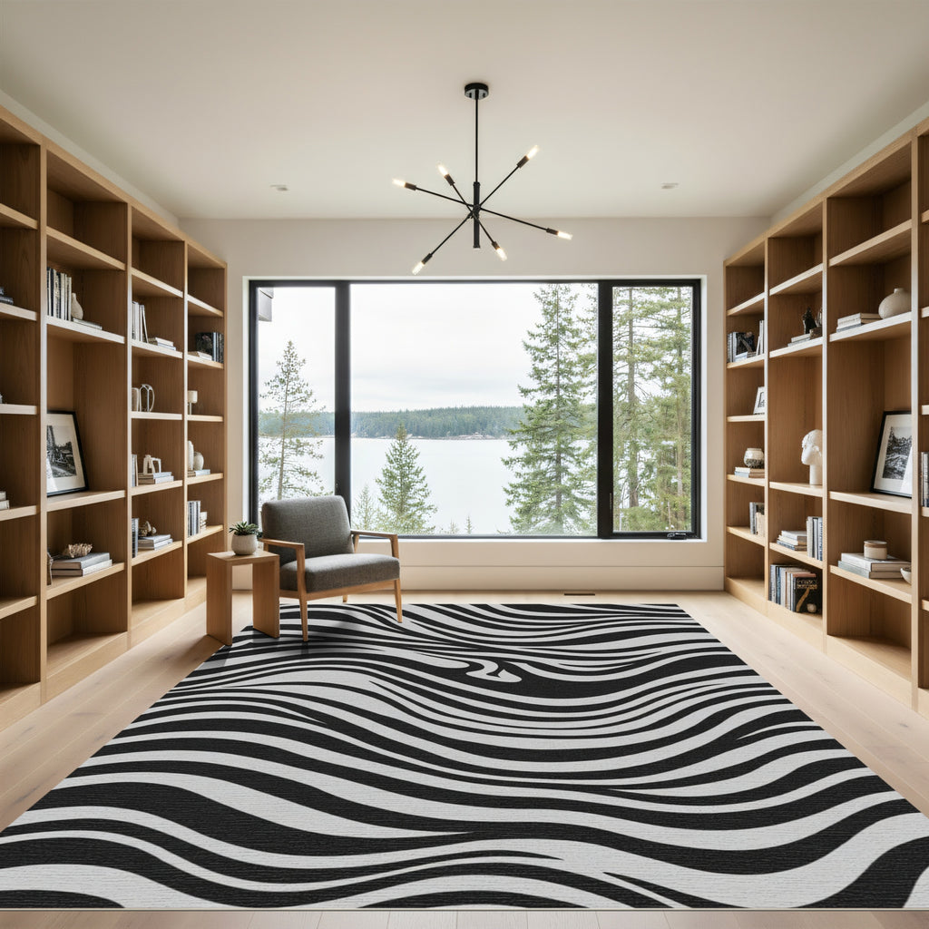 Abstract Black White Zebra Waves Rug