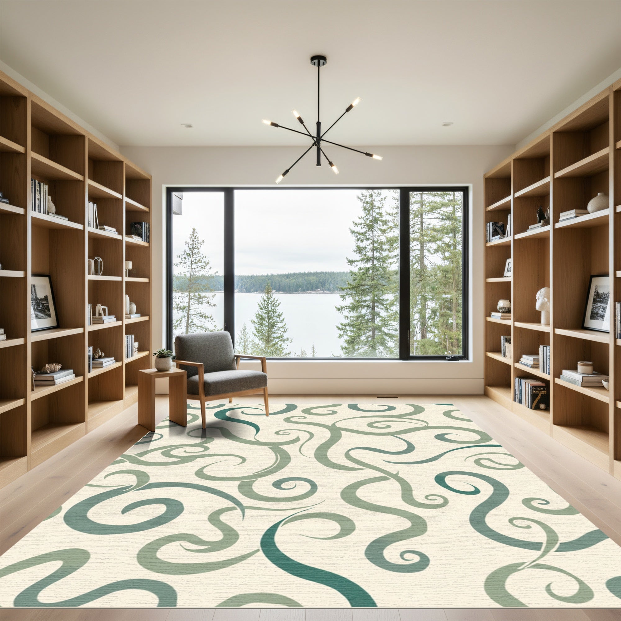 Teal Swirls on Cream Background Rug