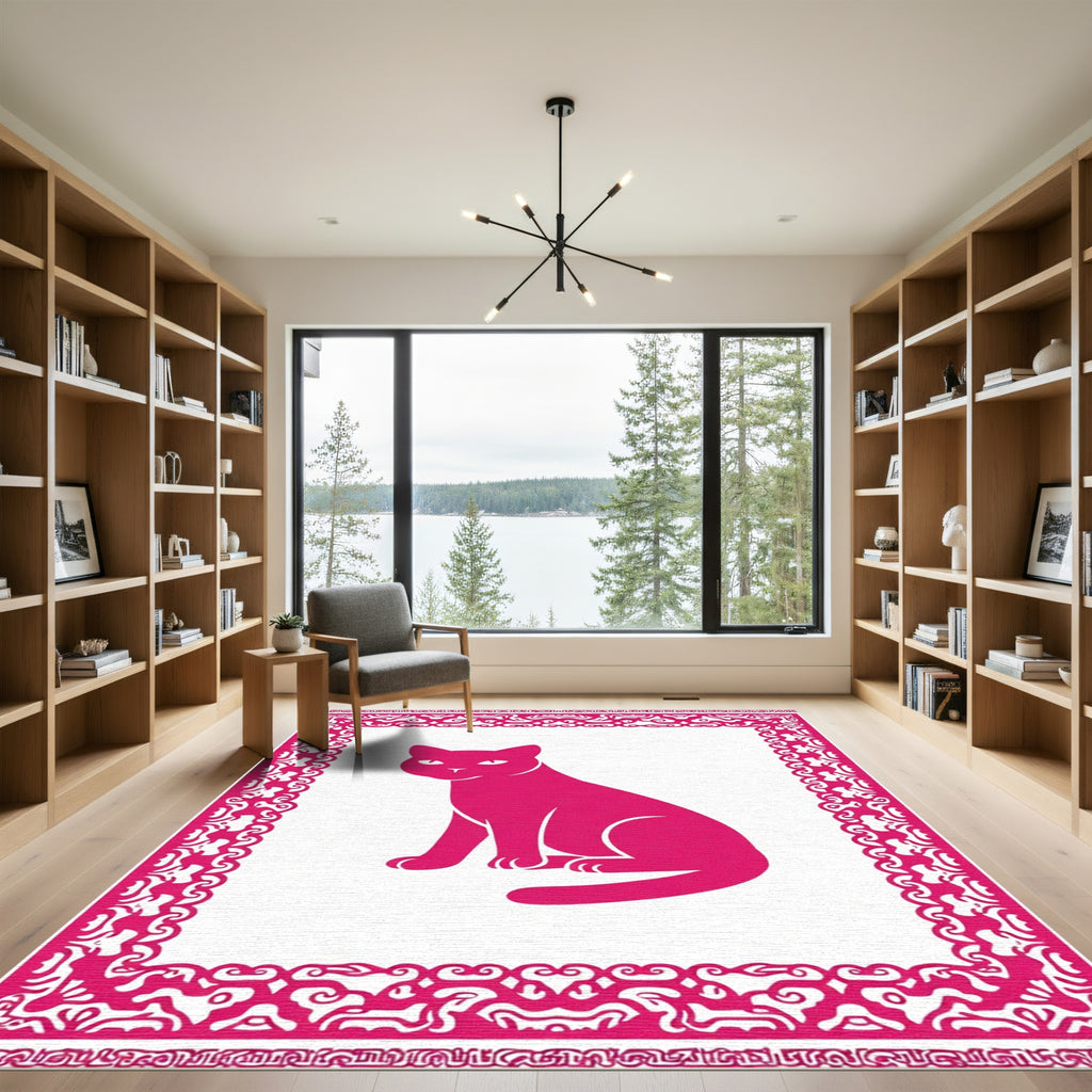 Pink Sitting Cat Ornate Border Rug