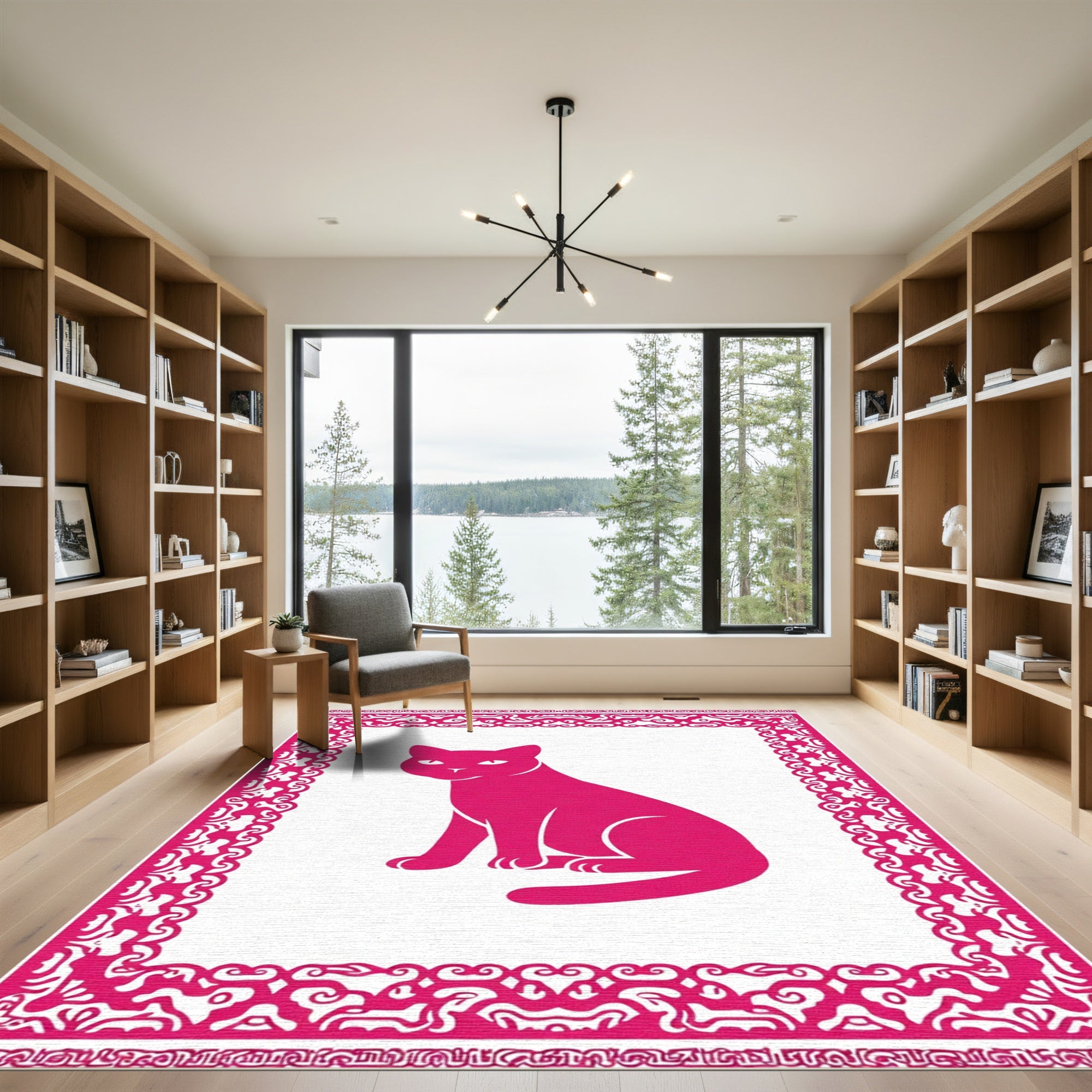 Pink Sitting Cat Ornate Border Rug