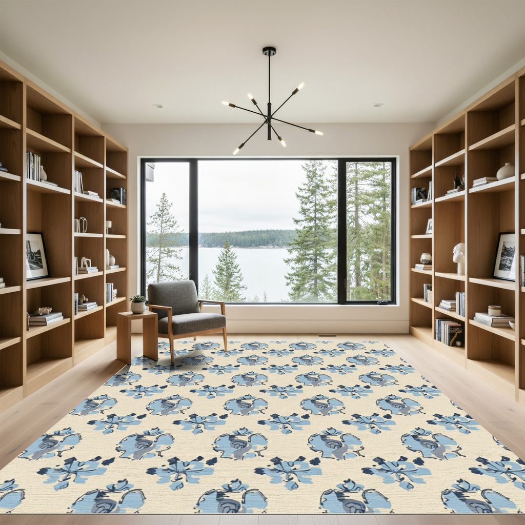 Light Blue Floral Medallion Cream Rug
