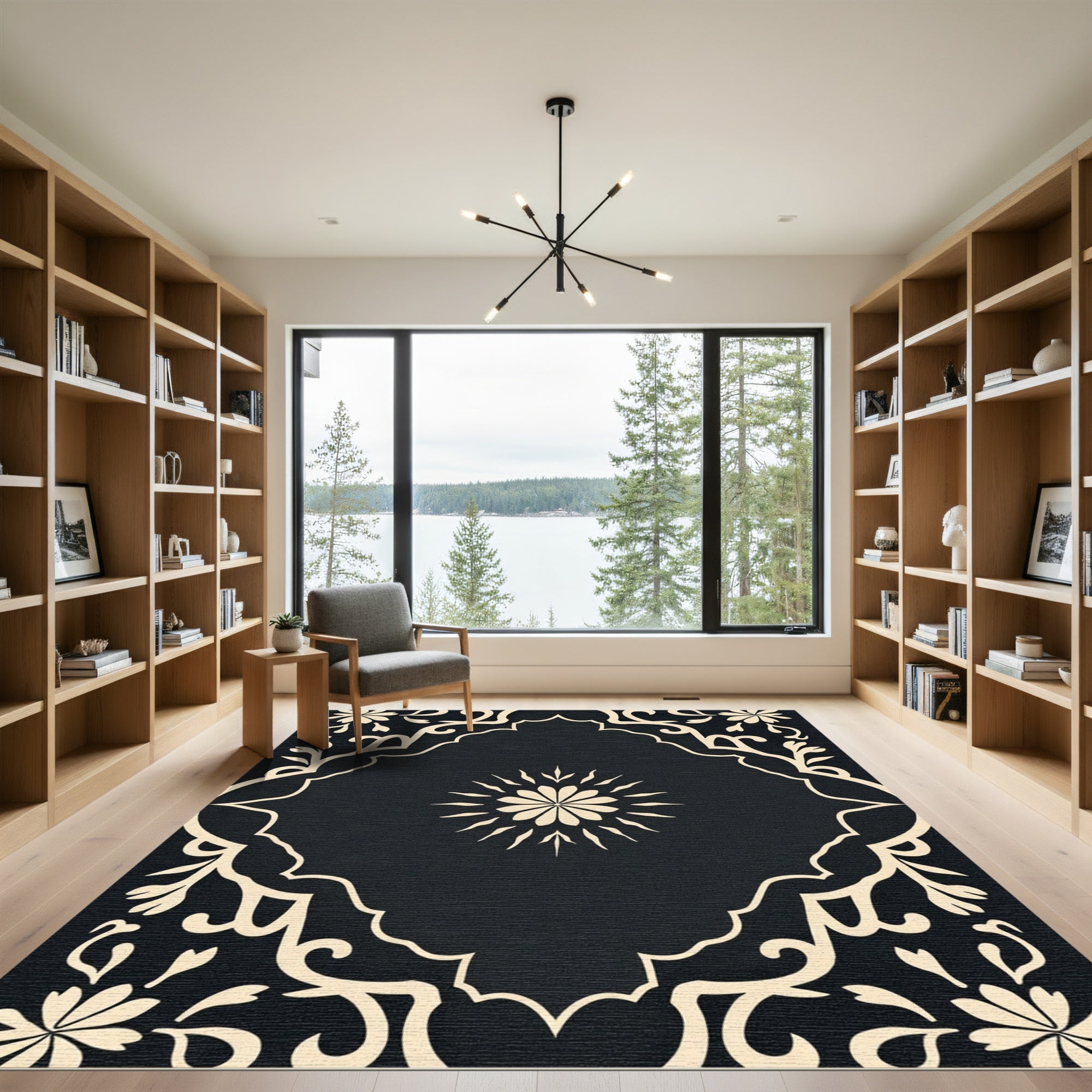 Black And Cream Floral Medallion Rug