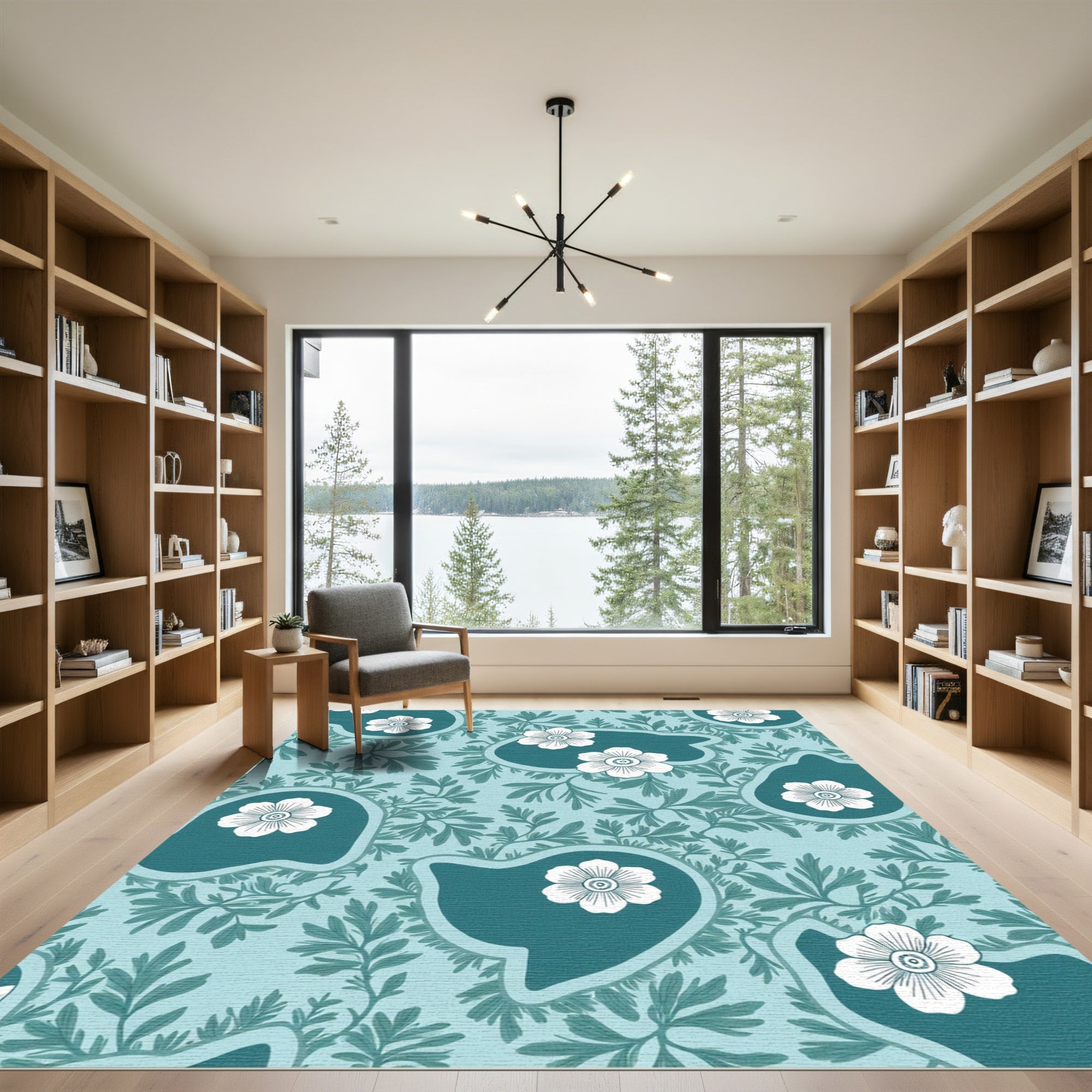 Teal Aqua White Floral Botanical Whimsical Rug