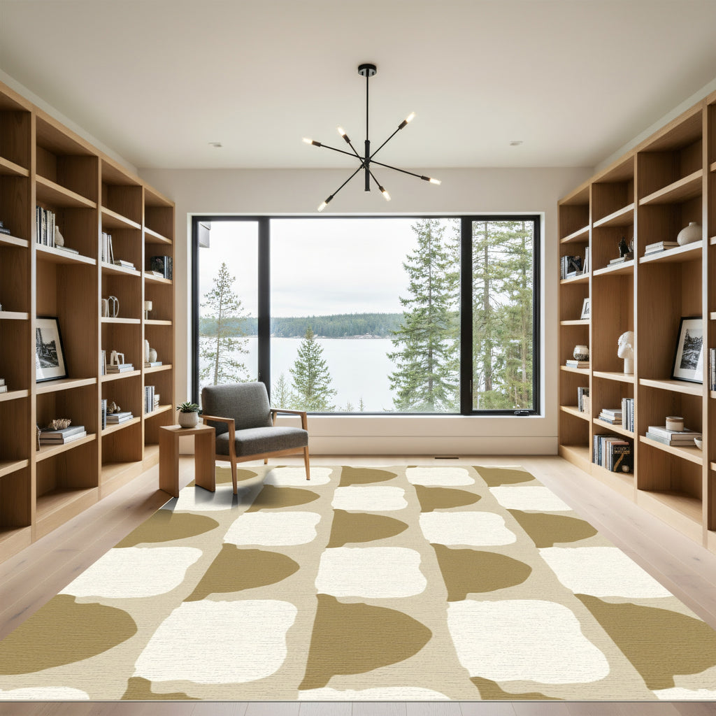 Neutral Abstract Checkered Mid Century Rug