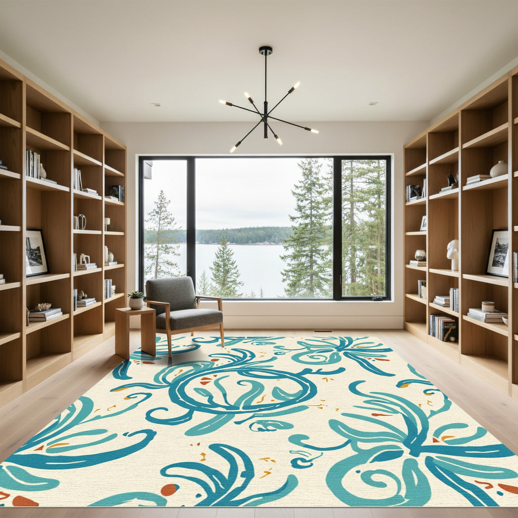 Teal Swirl Floral Botanical Medallion Rug