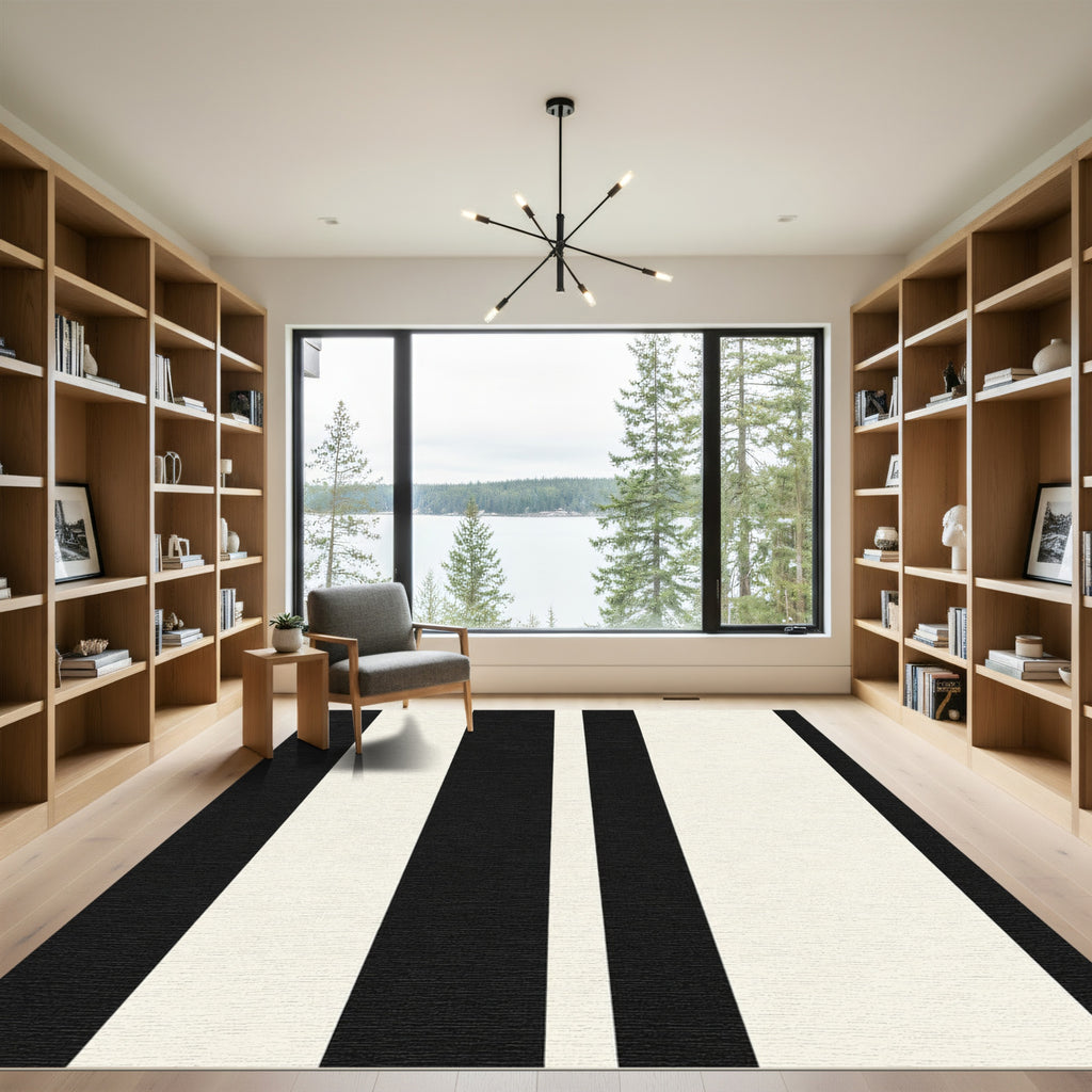 Bold Black Cream Stripe Rug
