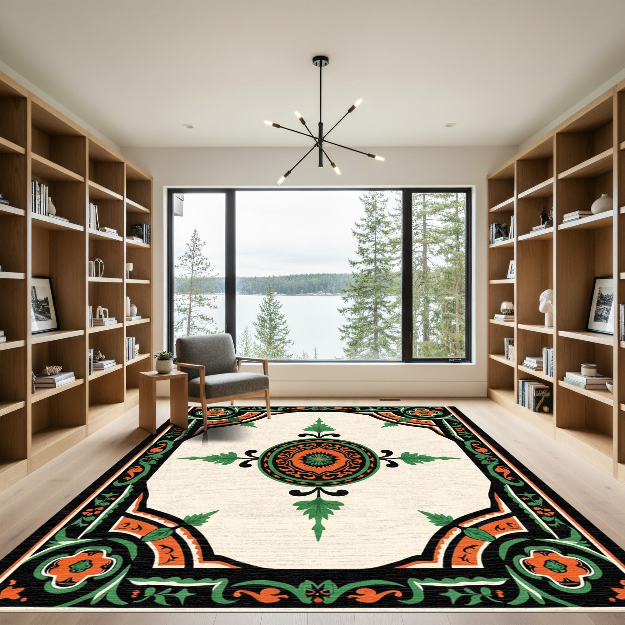 Cream Orange Green Floral Medallion Rug