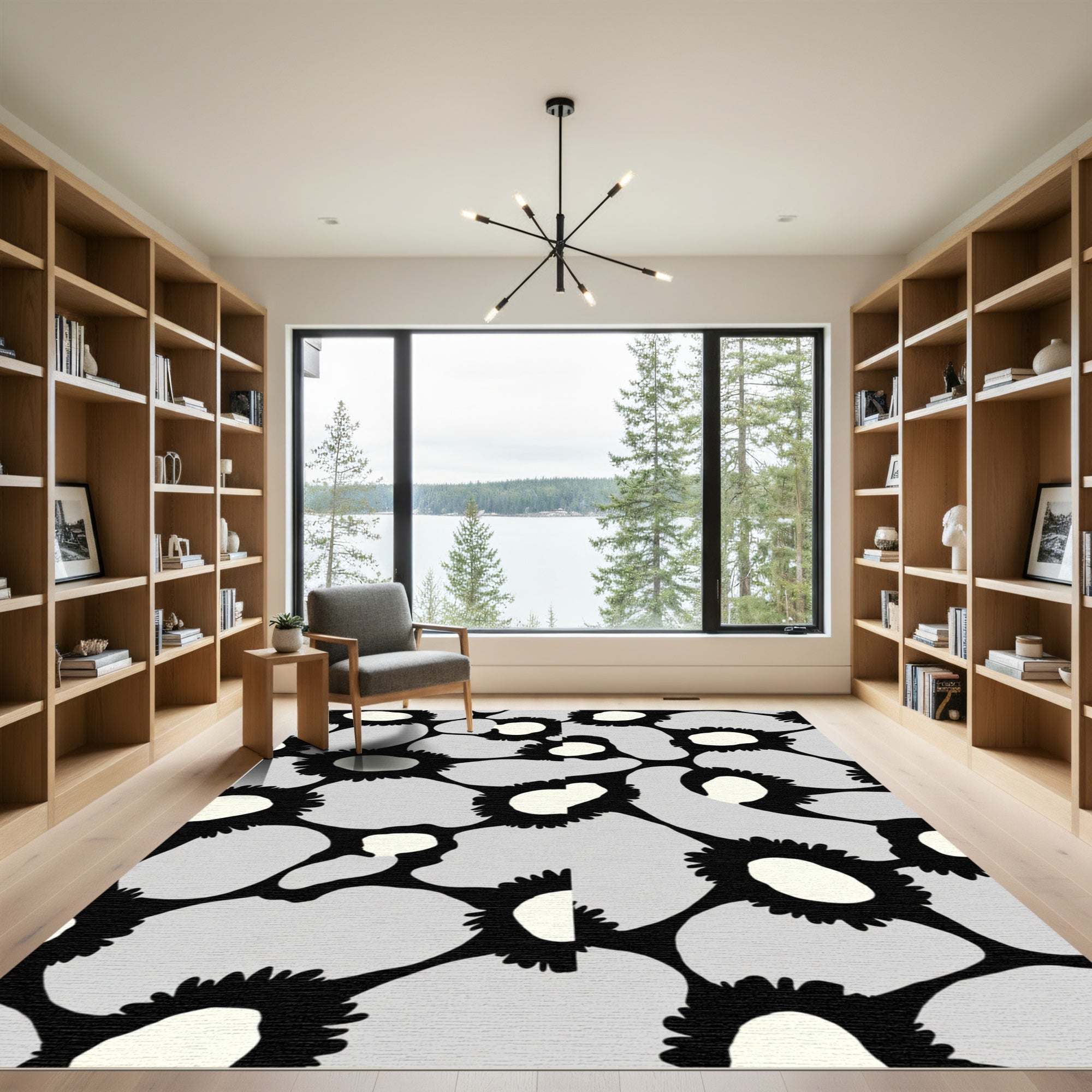 Abstract Floral Gray Cream Black Rug
