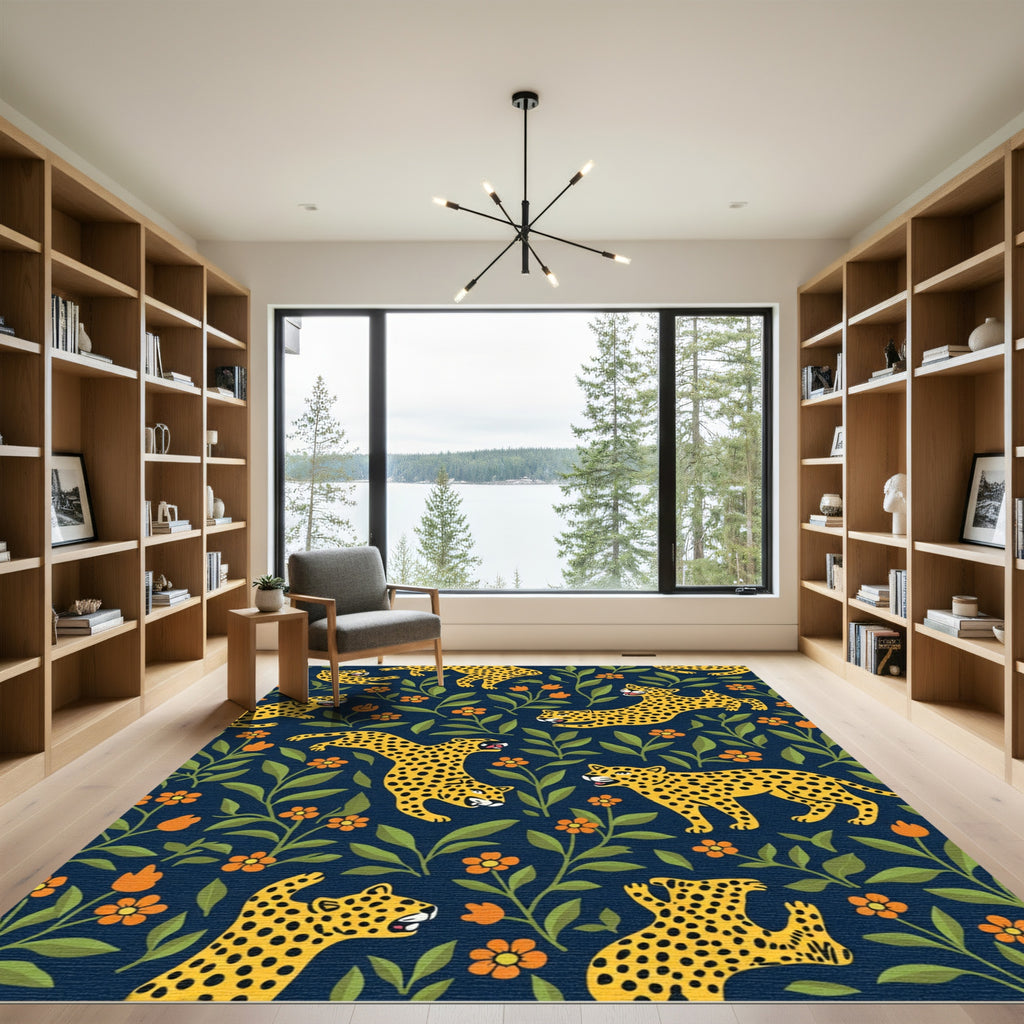 Playful Yellow Leopards Orange Flowers Rug