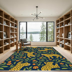 Playful Yellow Leopards Orange Flowers Rug