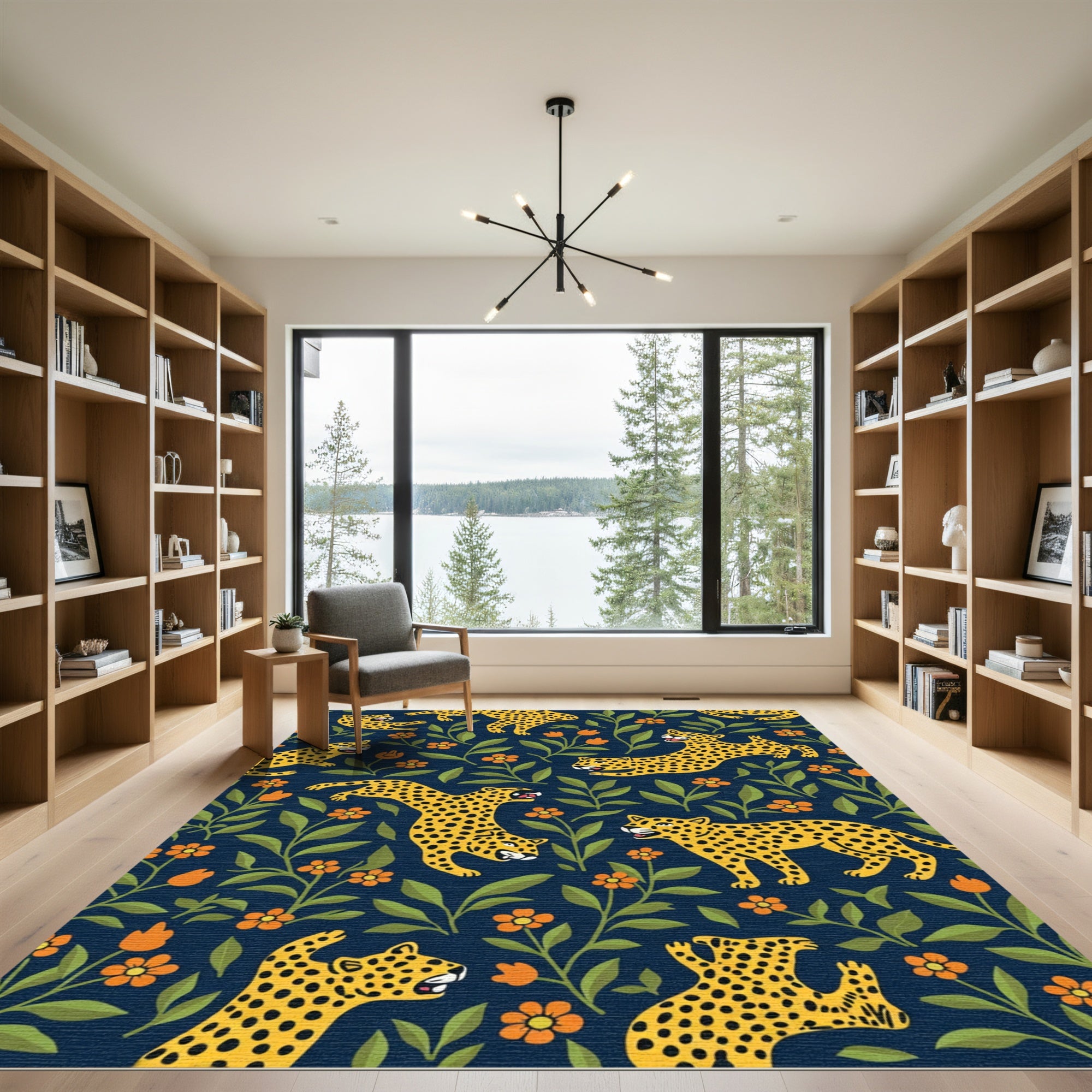 Playful Yellow Leopards Orange Flowers Rug