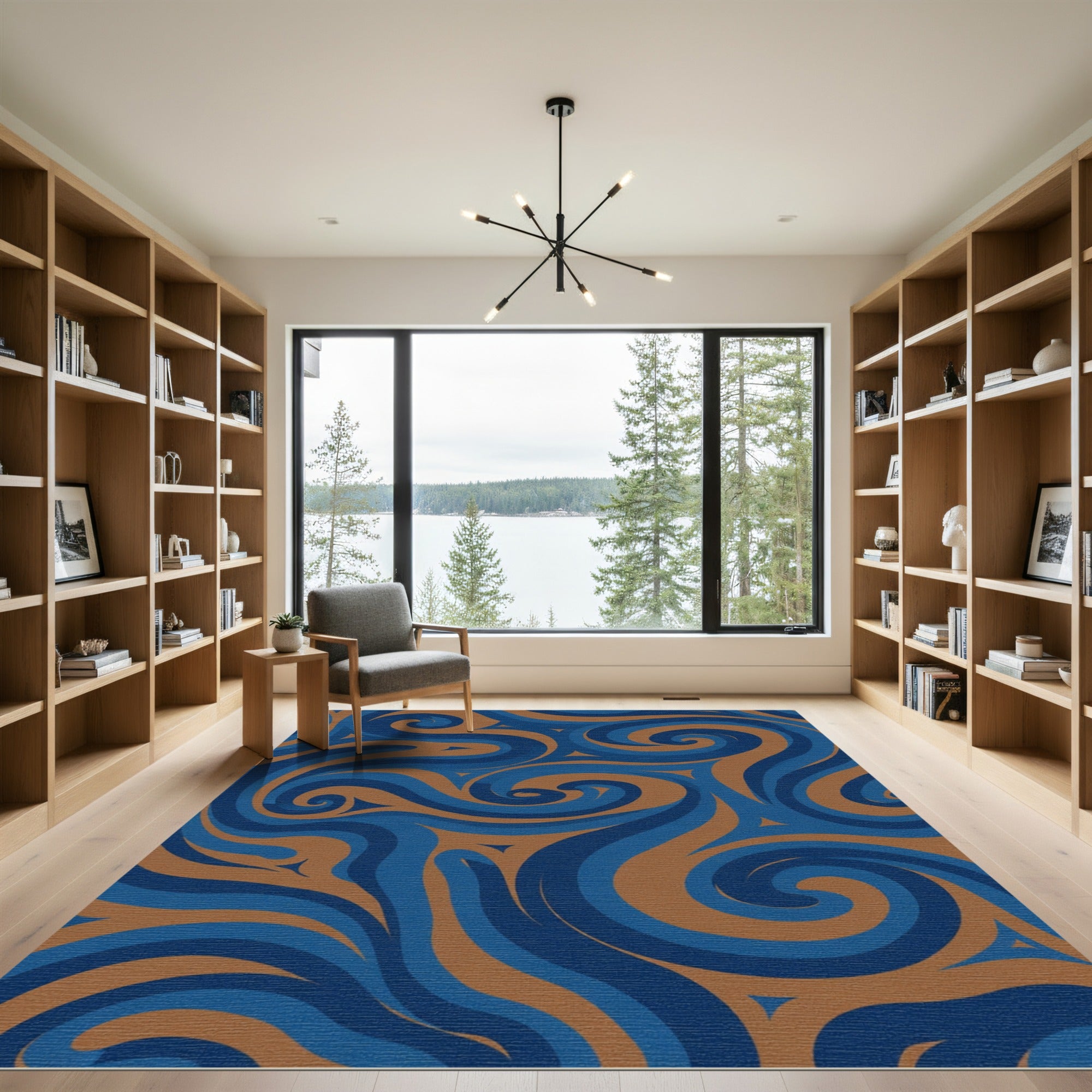 Deep Blue Swirls Brown Curves Rug