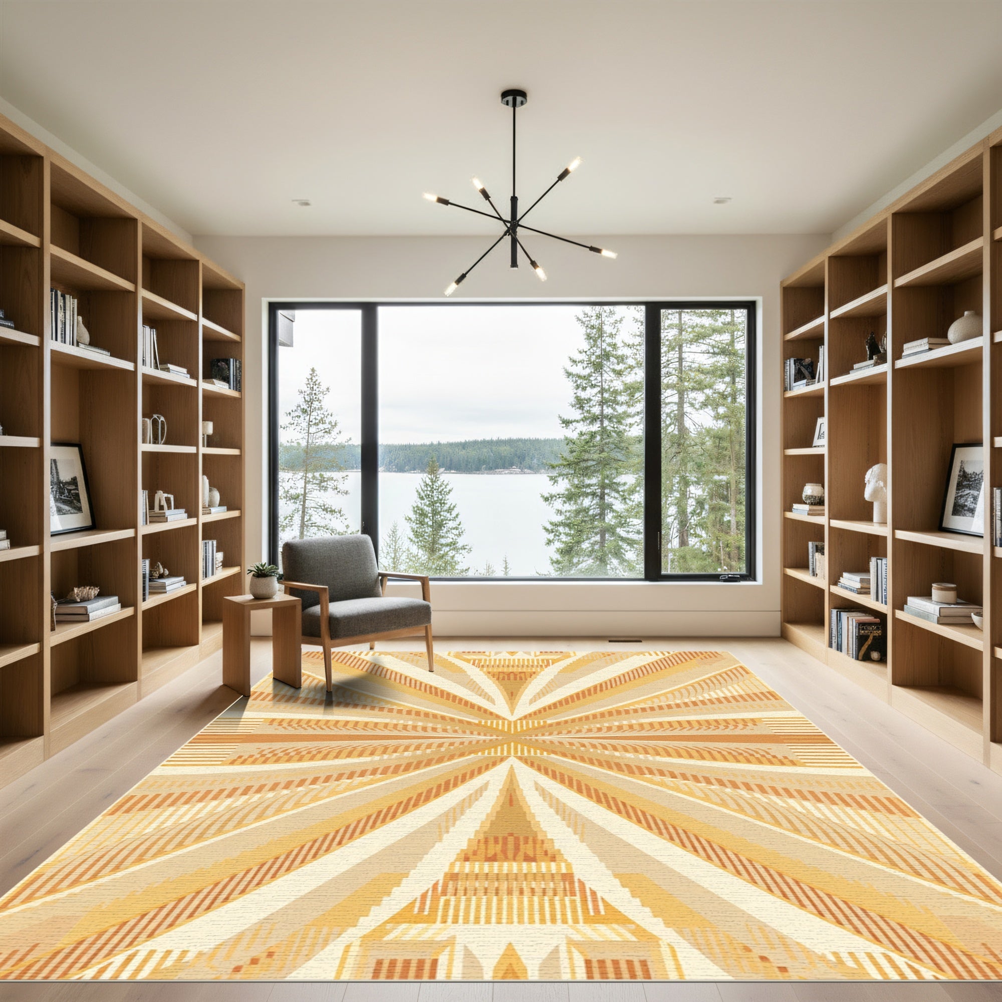 Radiating Golden Sunburst Geometric Rug