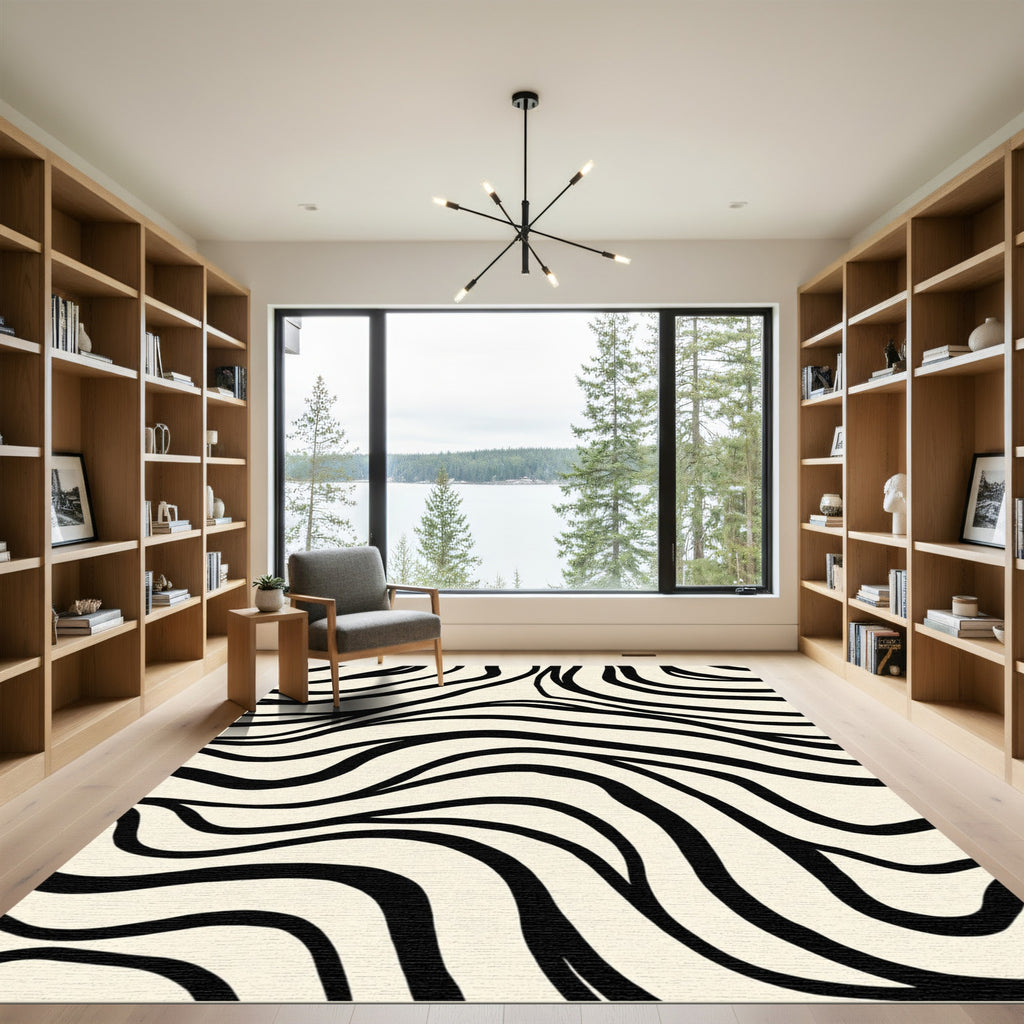 Cream and Black Abstract Zebra Stripes Rug