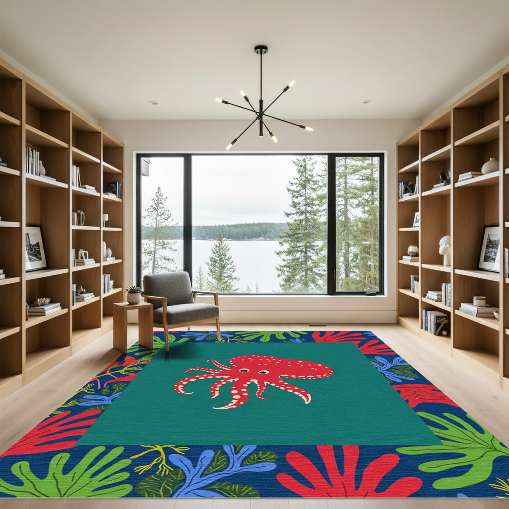 Red Octopus Coral Navy Border Rug
