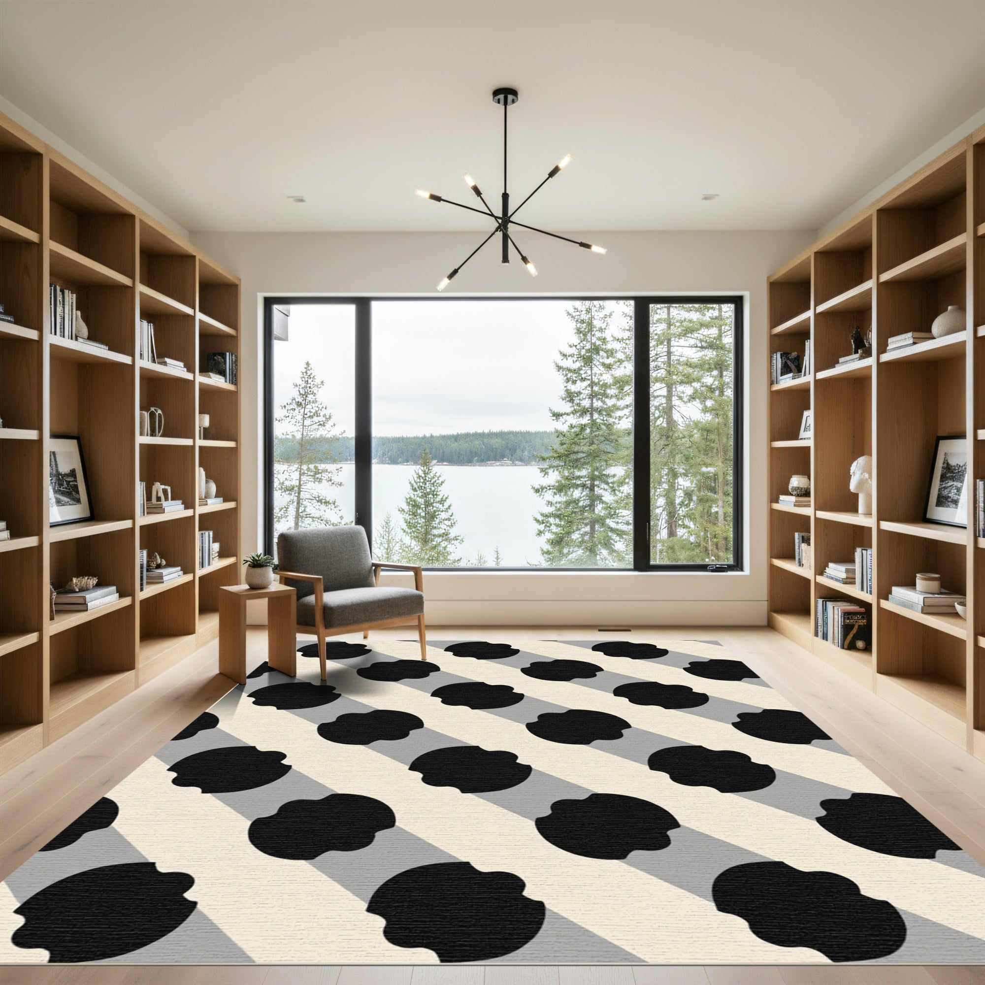 Diagonal Black And Cream Spot Rug