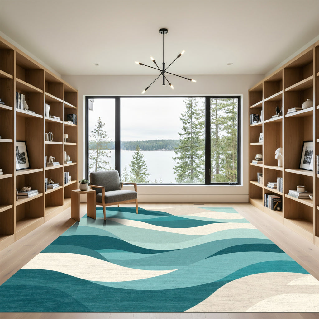 Calm Teal Cream Layered Wave Rug