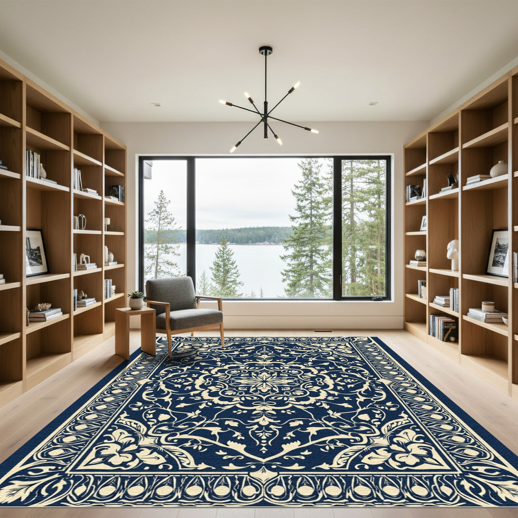 Navy Ivory Intricate Floral Medallion Rug