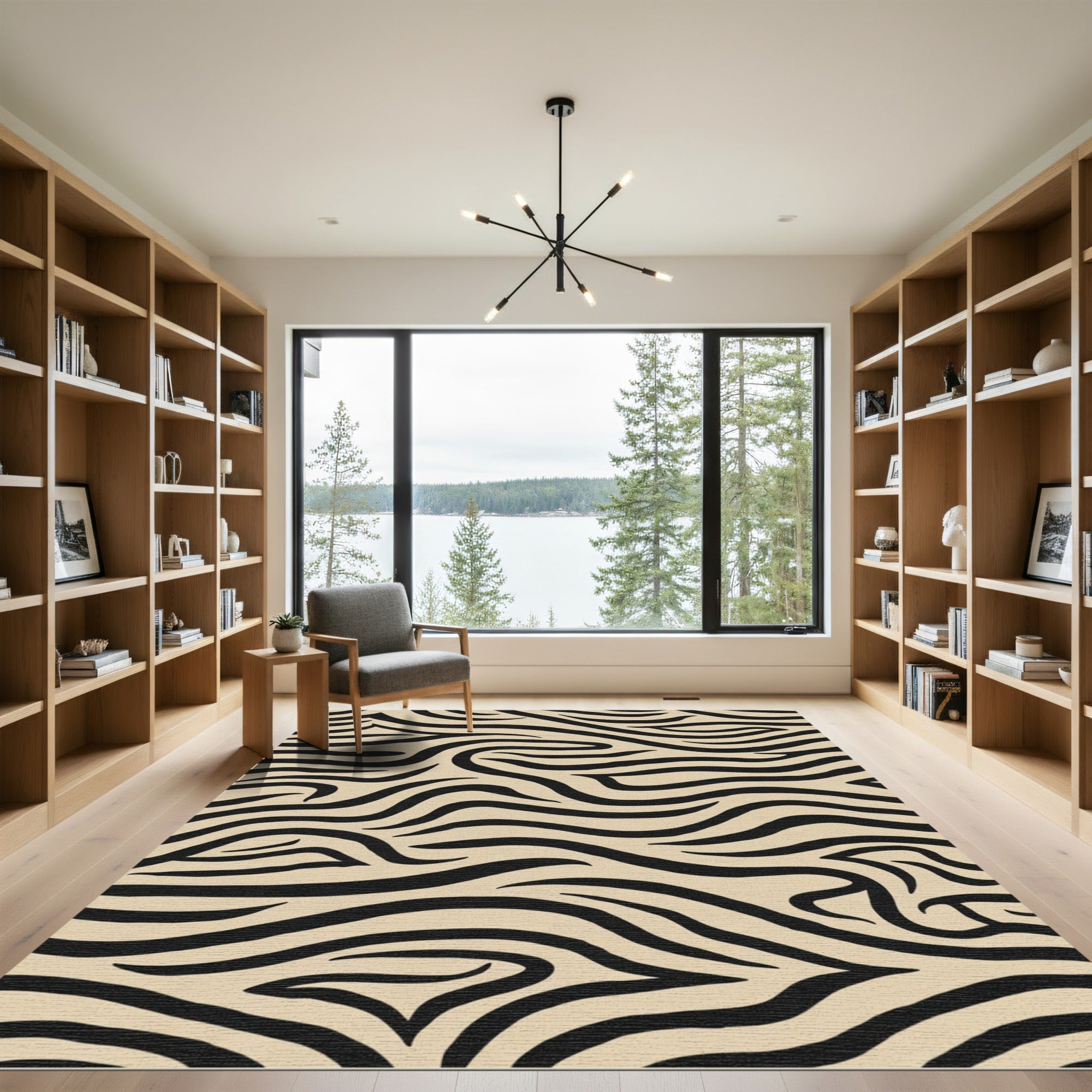 Black Wavy Stripes Tan Background Rug